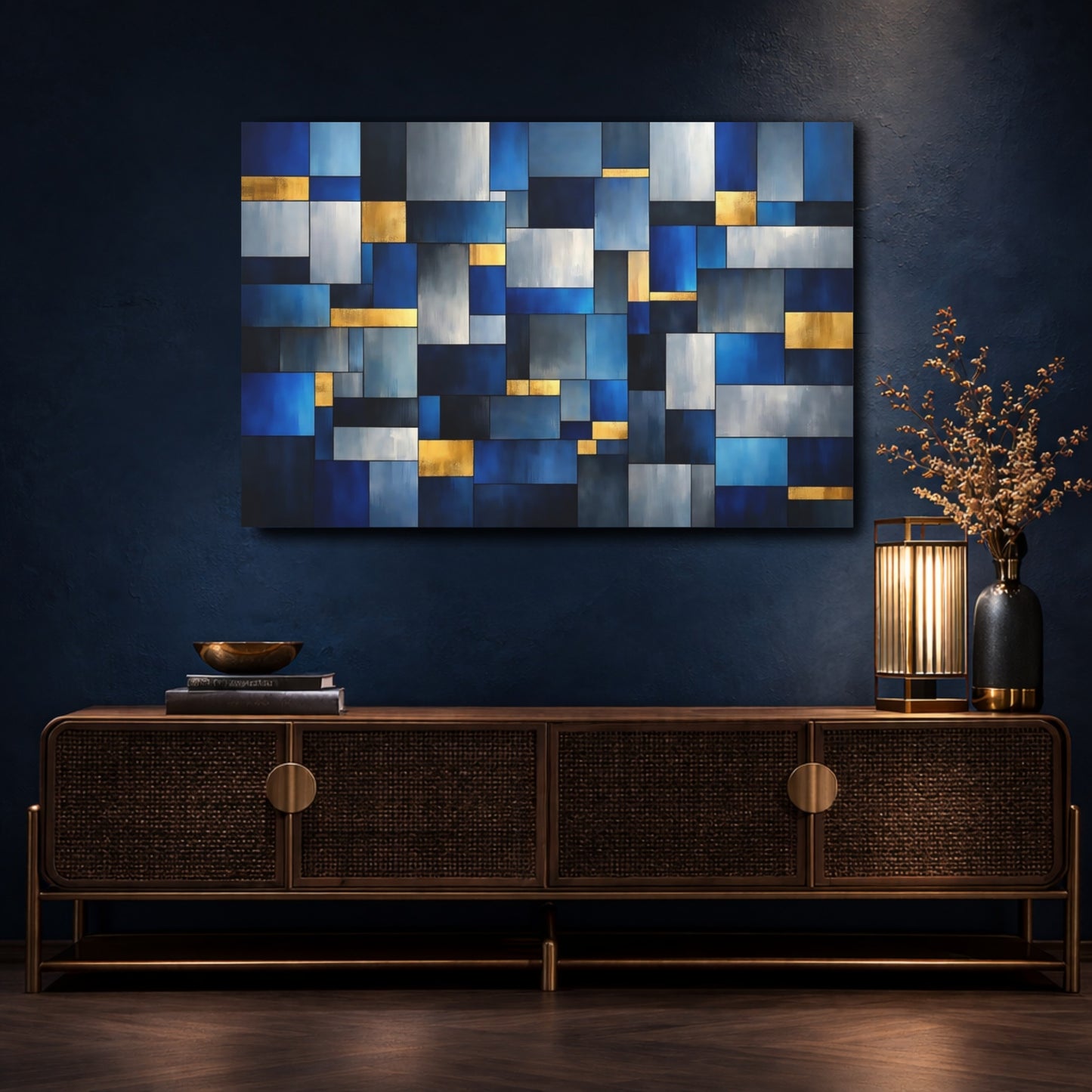 Mockup 4. Abstract Geometric Blocks Blue Gold Abstract shown as stretched canvas wall art