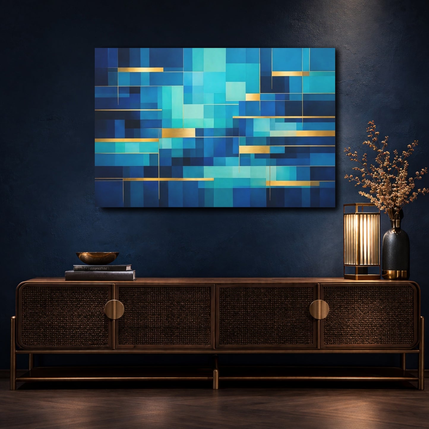 Mockup 4. Abstract Geometric Blocks Blue Gold Abstract shown as stretched canvas wall art