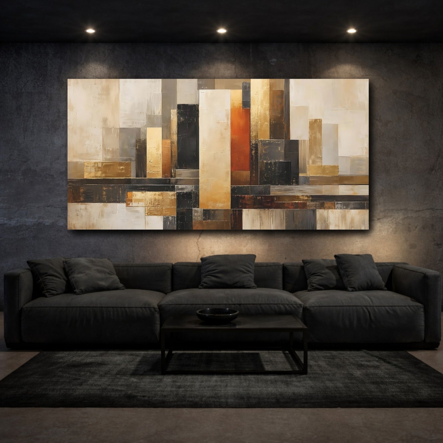 Mockup 2. Abstract Geometric Blocks Gold Beige Abstract shown as stretched canvas wall art