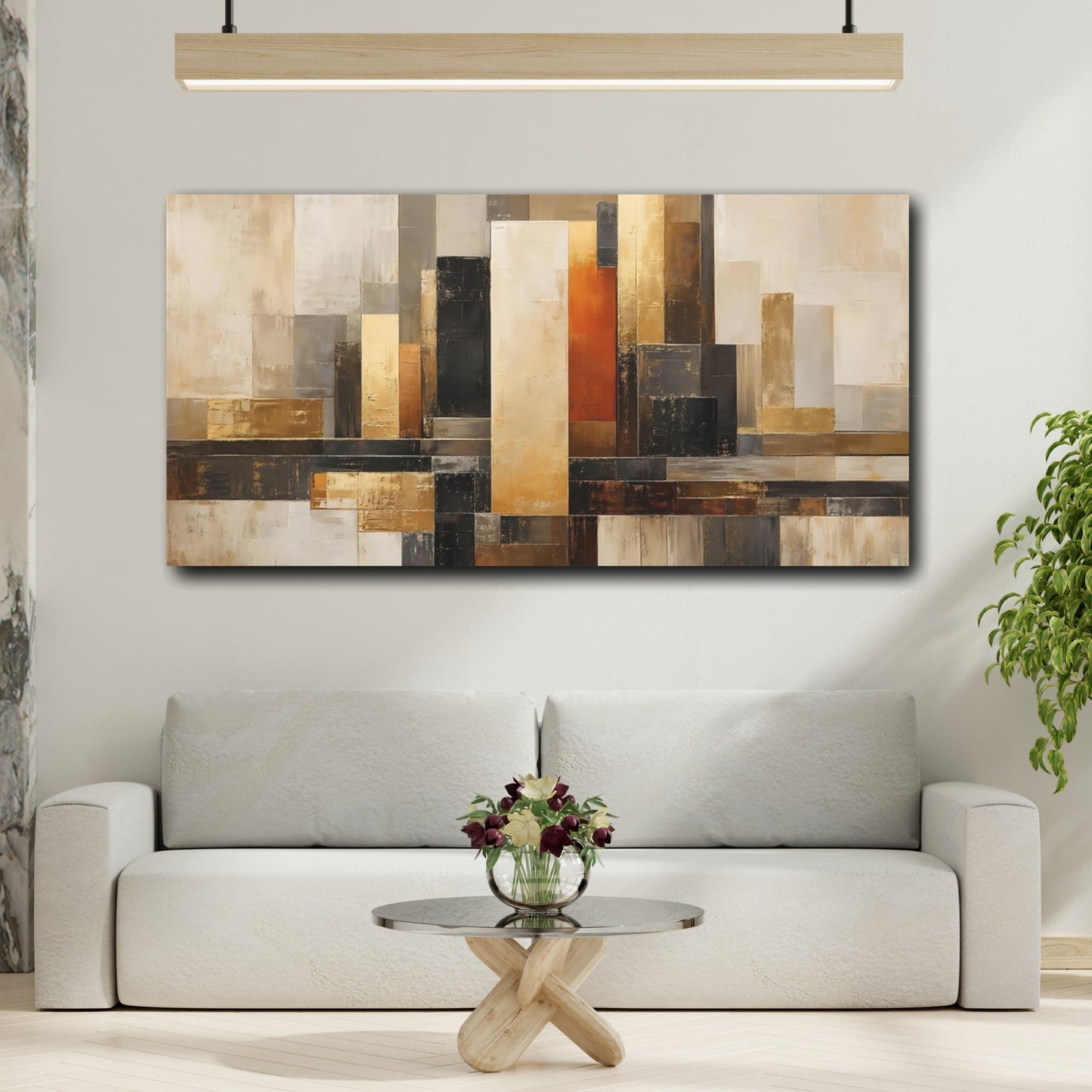 Mockup 3. Abstract Geometric Blocks Gold Beige Abstract shown as stretched canvas wall art