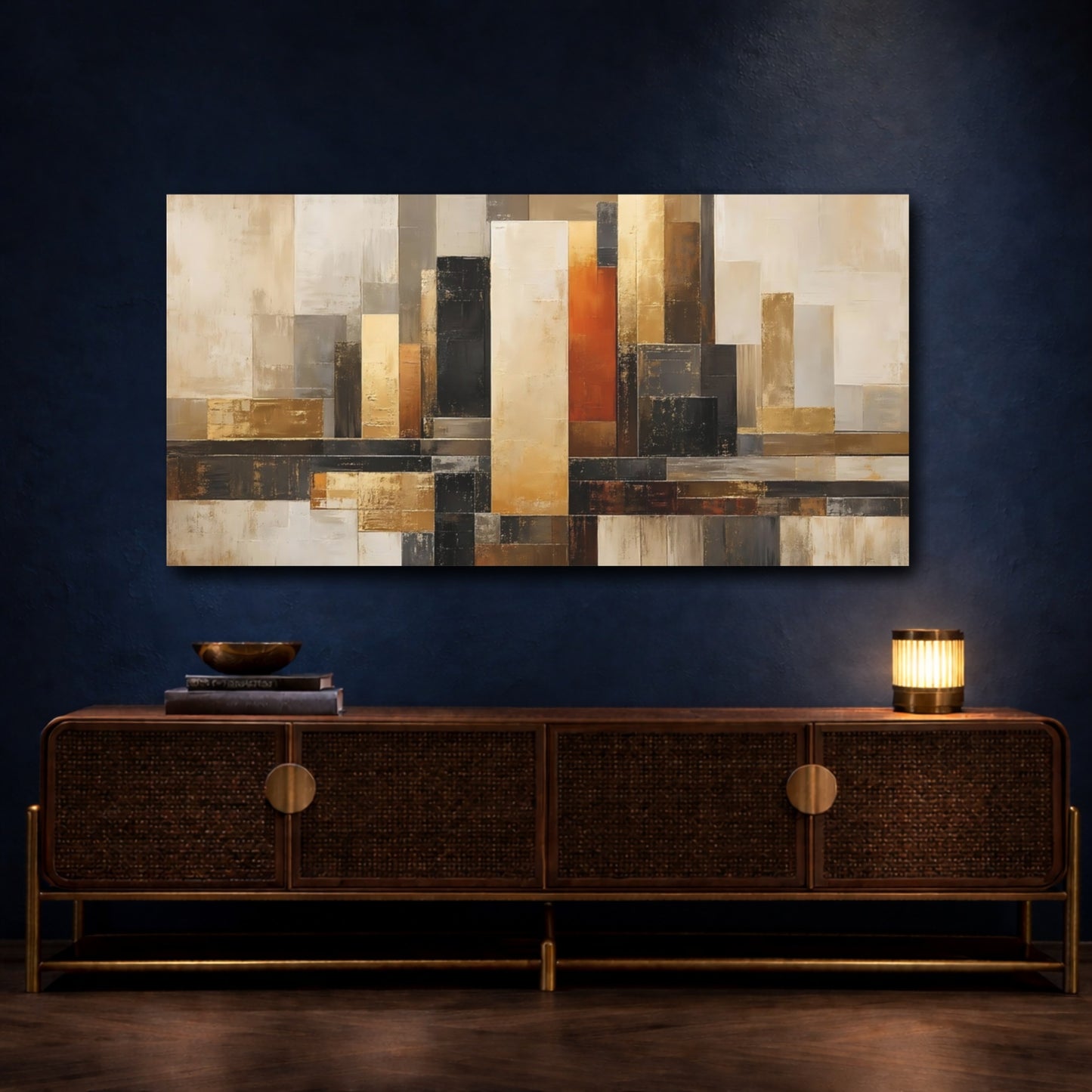 Mockup 4. Abstract Geometric Blocks Gold Beige Abstract shown as stretched canvas wall art