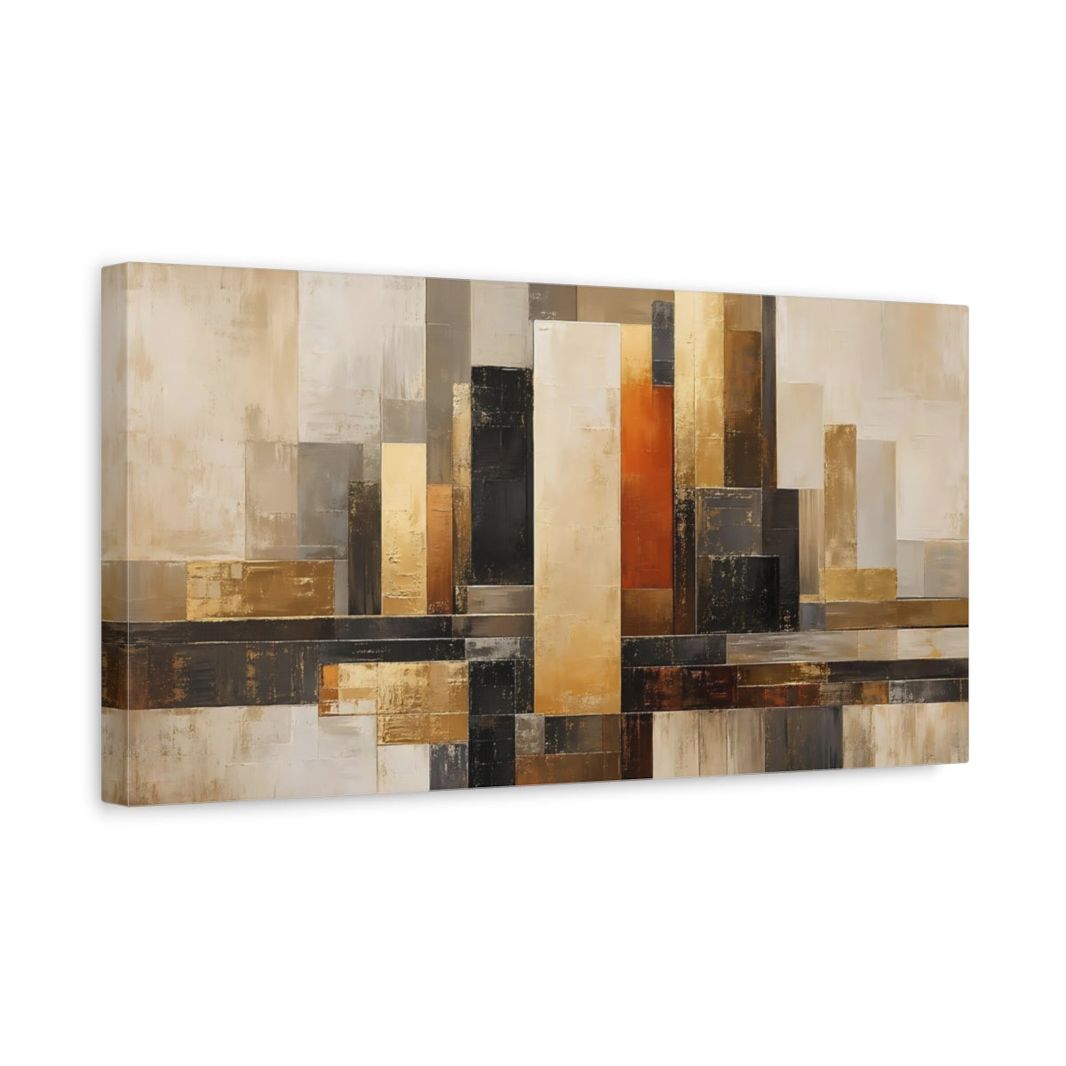 Side Mockup 3. Abstract Geometric Blocks Gold Beige Abstract shown as stretched canvas wall art