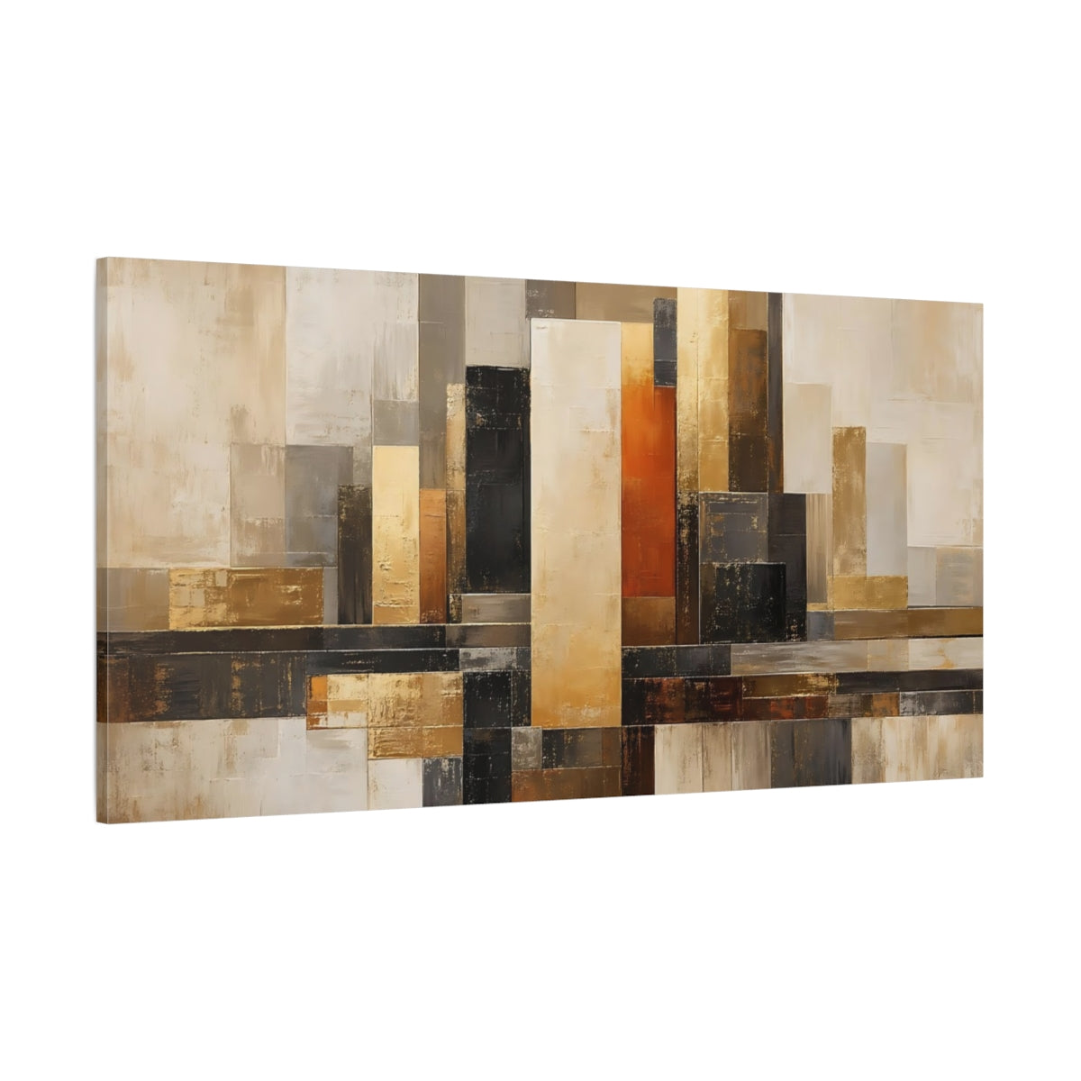 Side Mockup 2. Abstract Geometric Blocks Gold Beige Abstract shown as stretched canvas wall art