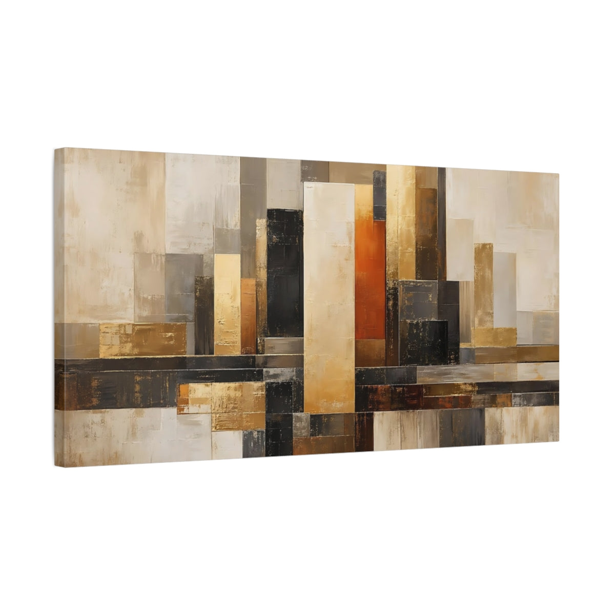 Side Mockup 1. Abstract Geometric Blocks Gold Beige Abstract shown as stretched canvas wall art