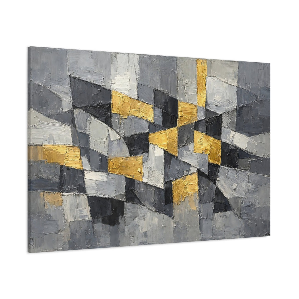 Main Mockup. Abstract Geometric Blocks Grey And Gold shown as stretched canvas wall art