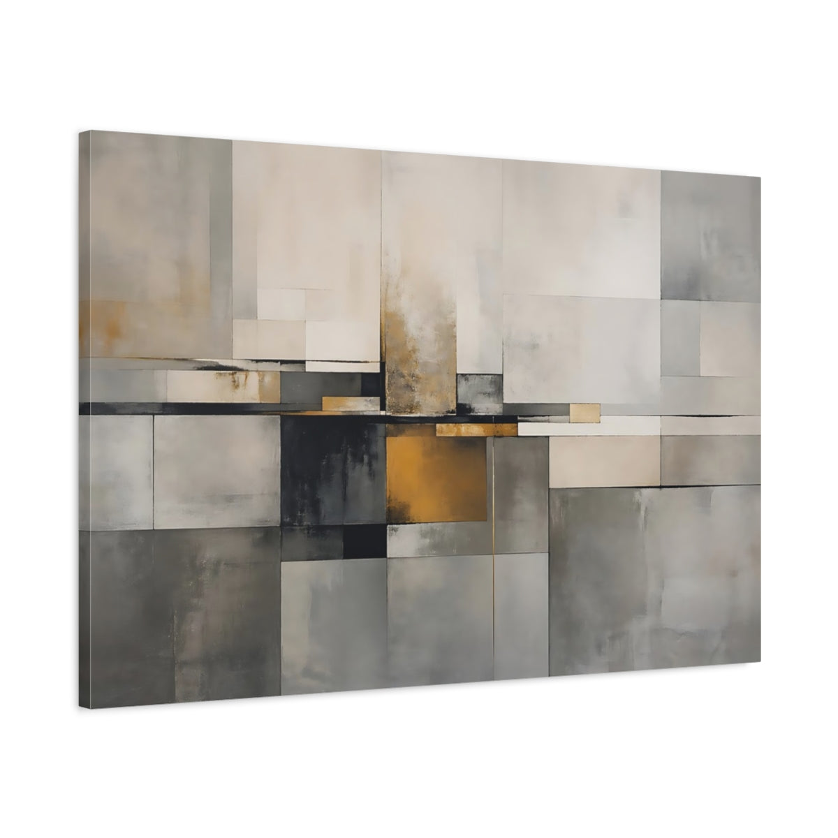 Main Mockup. Abstract Geometric Blocks Grey And Gold shown as stretched canvas wall art
