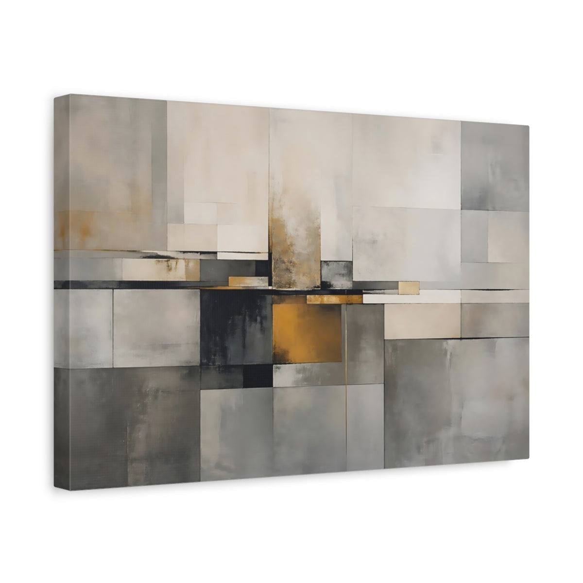 Side Mockup 4. Abstract Geometric Blocks Grey And Gold shown as stretched canvas wall art