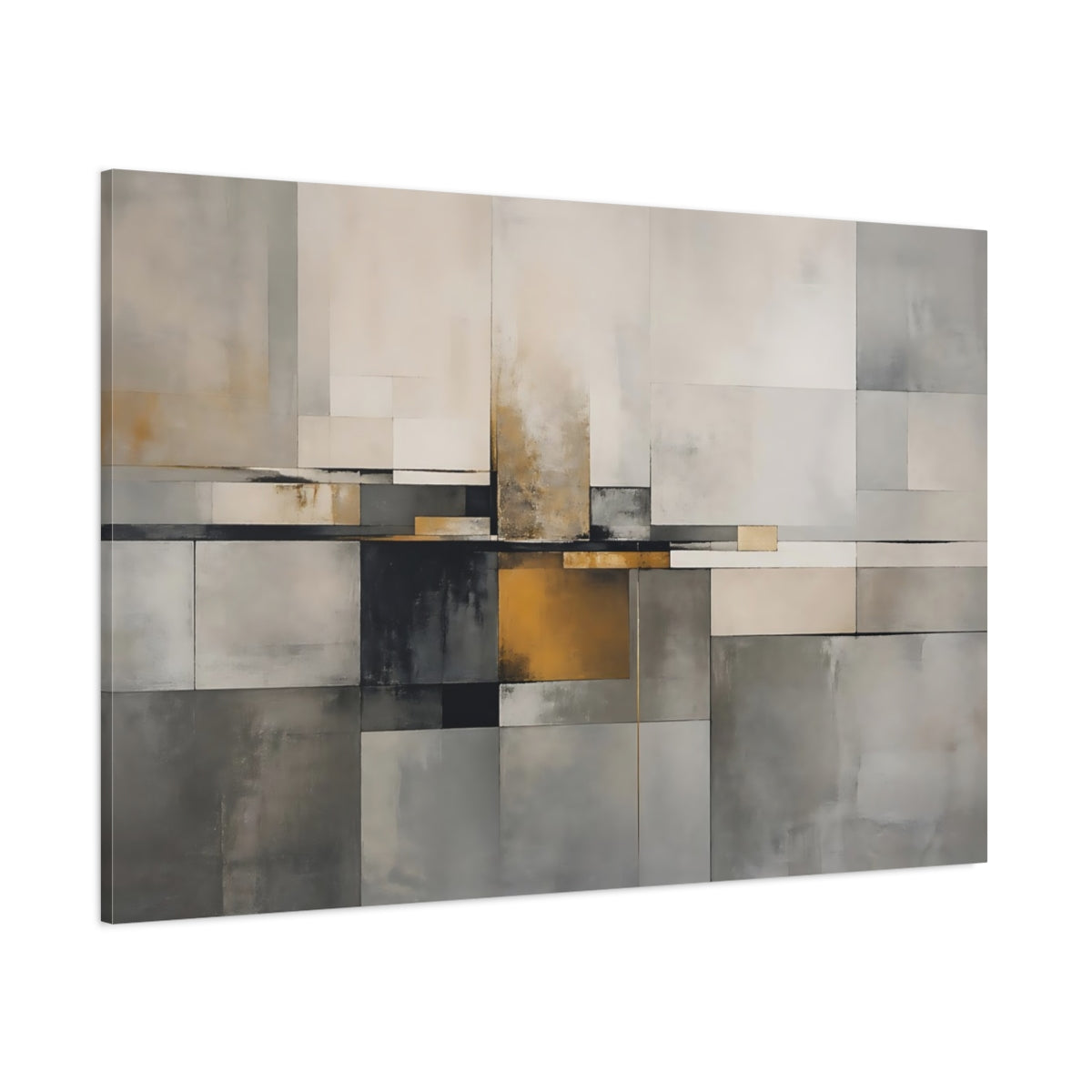 Side Mockup 1. Abstract Geometric Blocks Grey And Gold shown as stretched canvas wall art