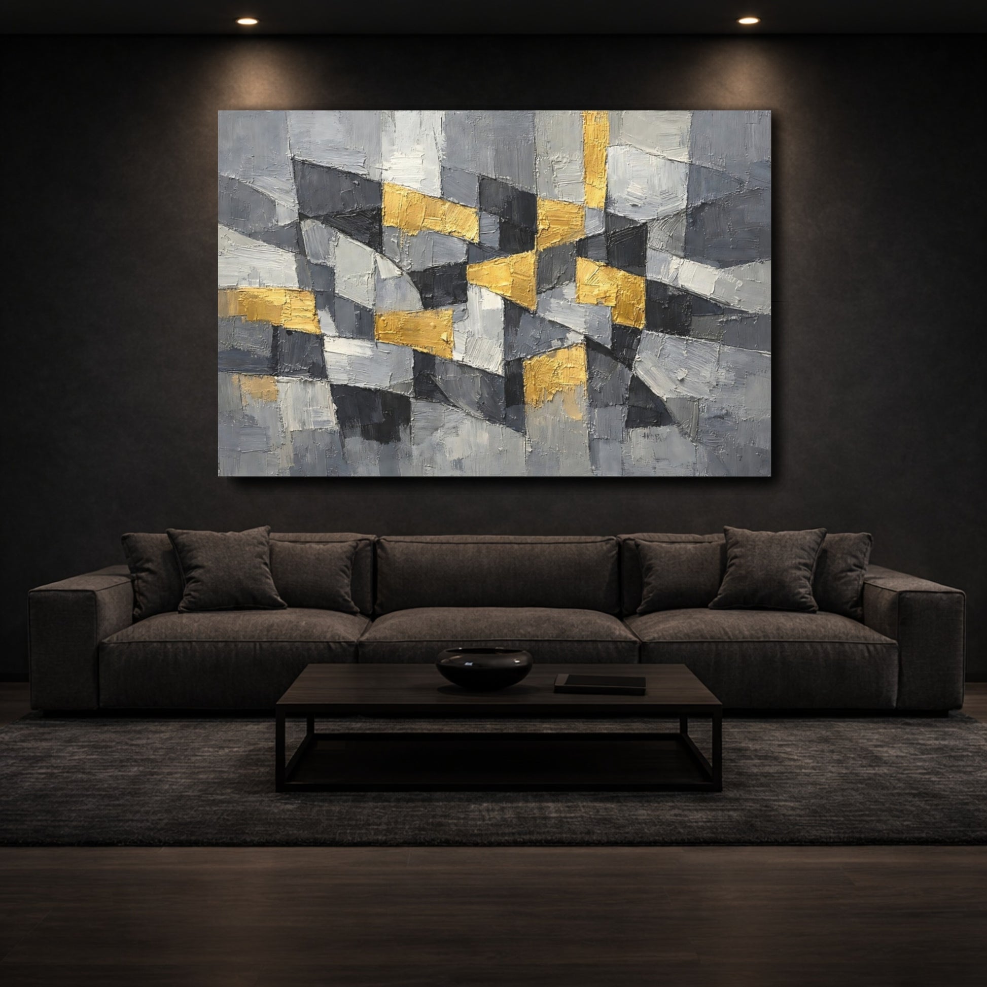 Mockup 2. Abstract Geometric Blocks Grey And Gold shown as stretched canvas wall art