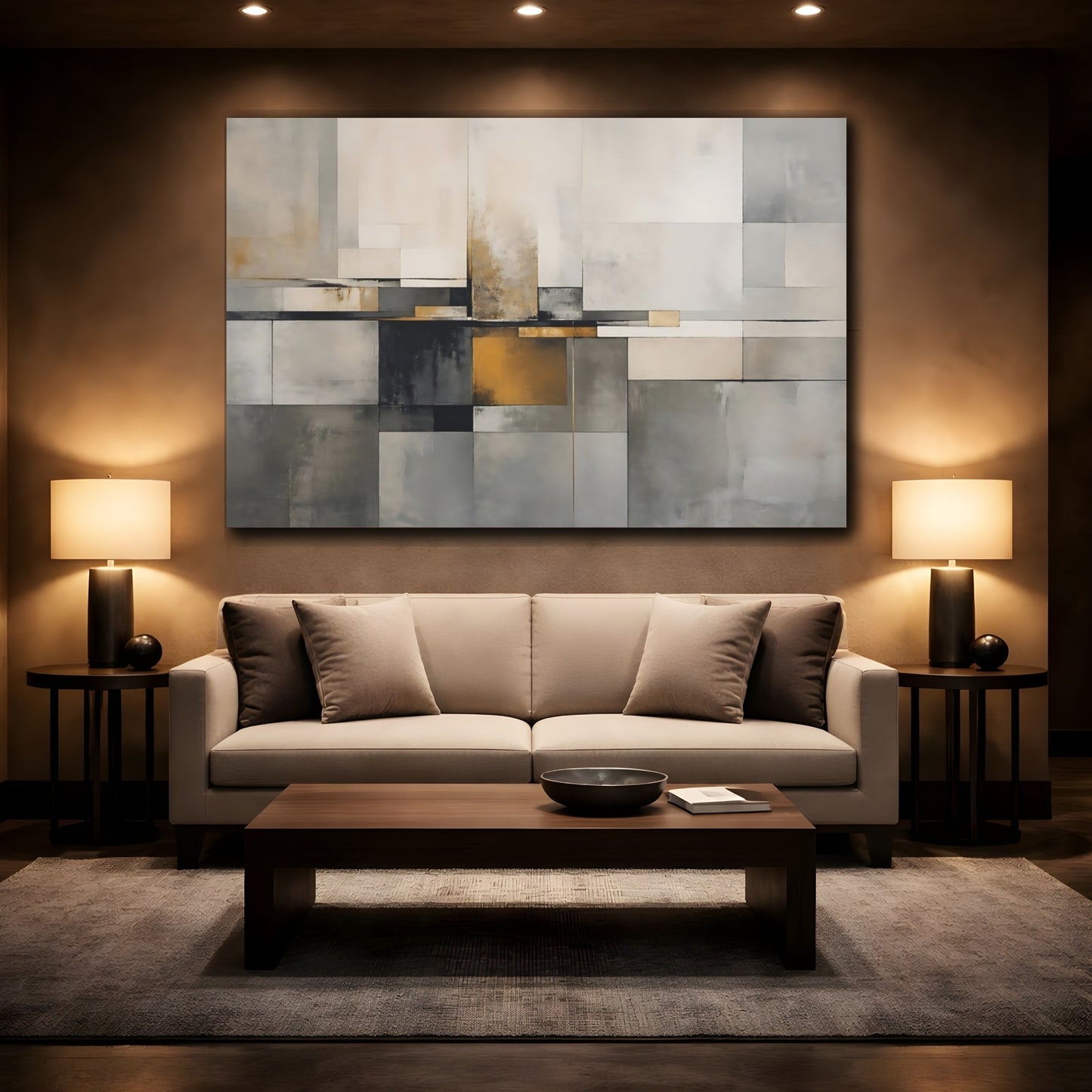 Mockup 2. Abstract Geometric Blocks Grey And Gold shown as stretched canvas wall art