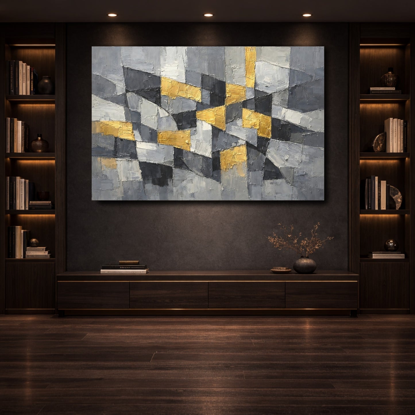 Mockup 3. Abstract Geometric Blocks Grey And Gold shown as stretched canvas wall art