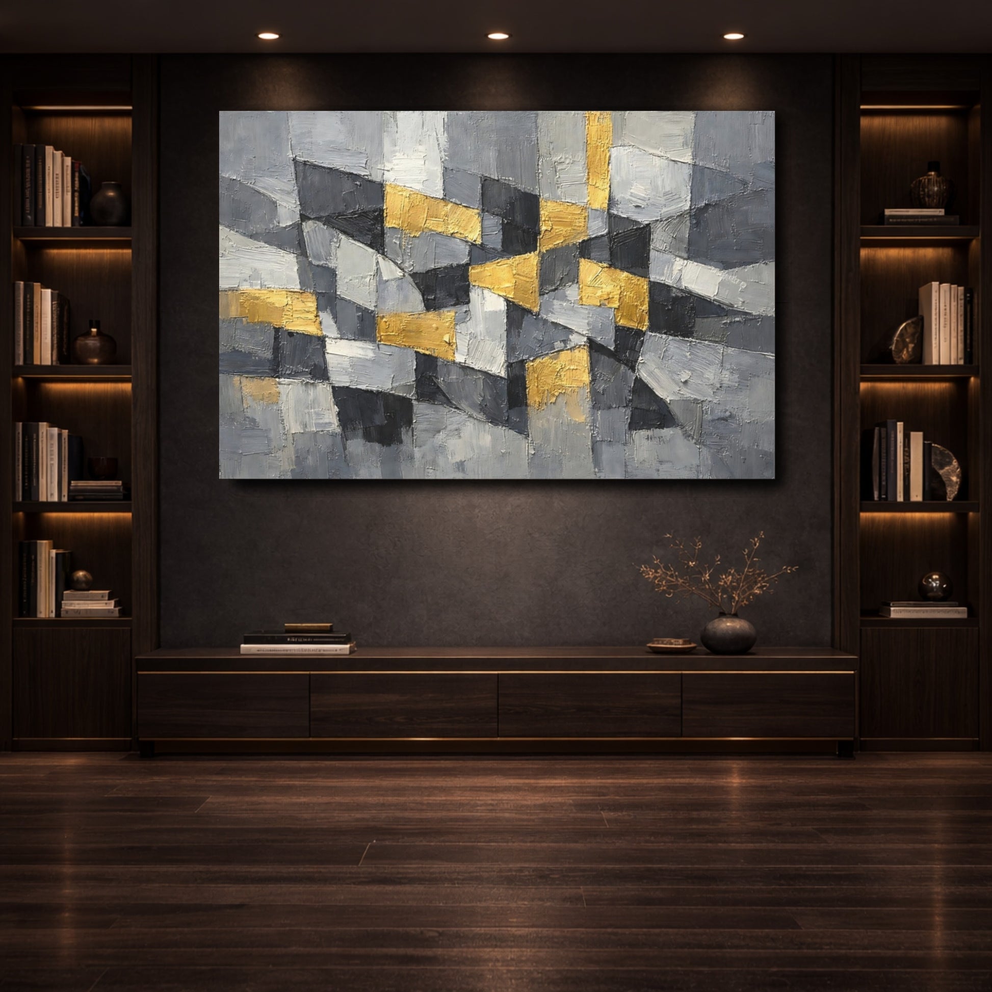 Mockup 3. Abstract Geometric Blocks Grey And Gold shown as stretched canvas wall art