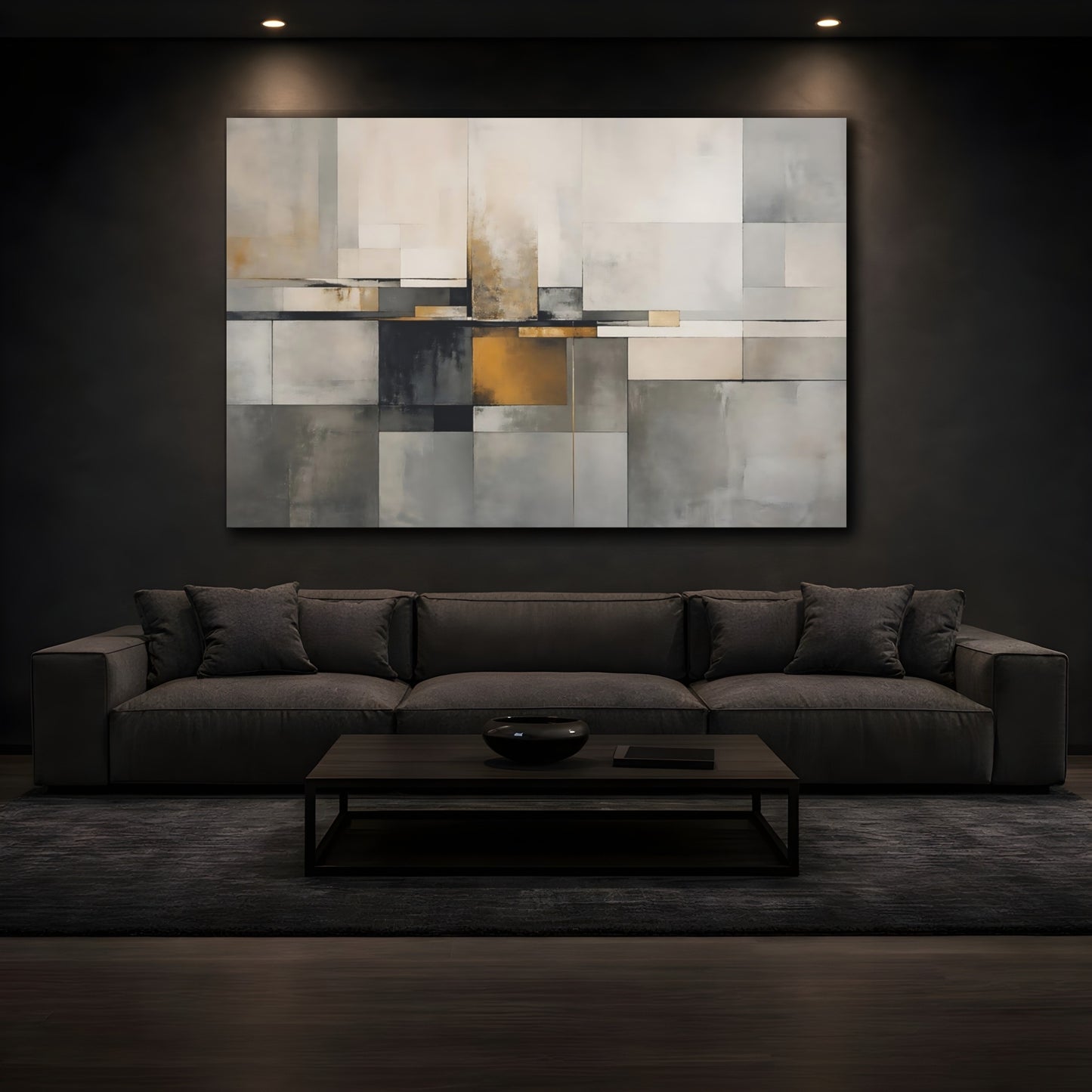 Mockup 3. Abstract Geometric Blocks Grey And Gold shown as stretched canvas wall art
