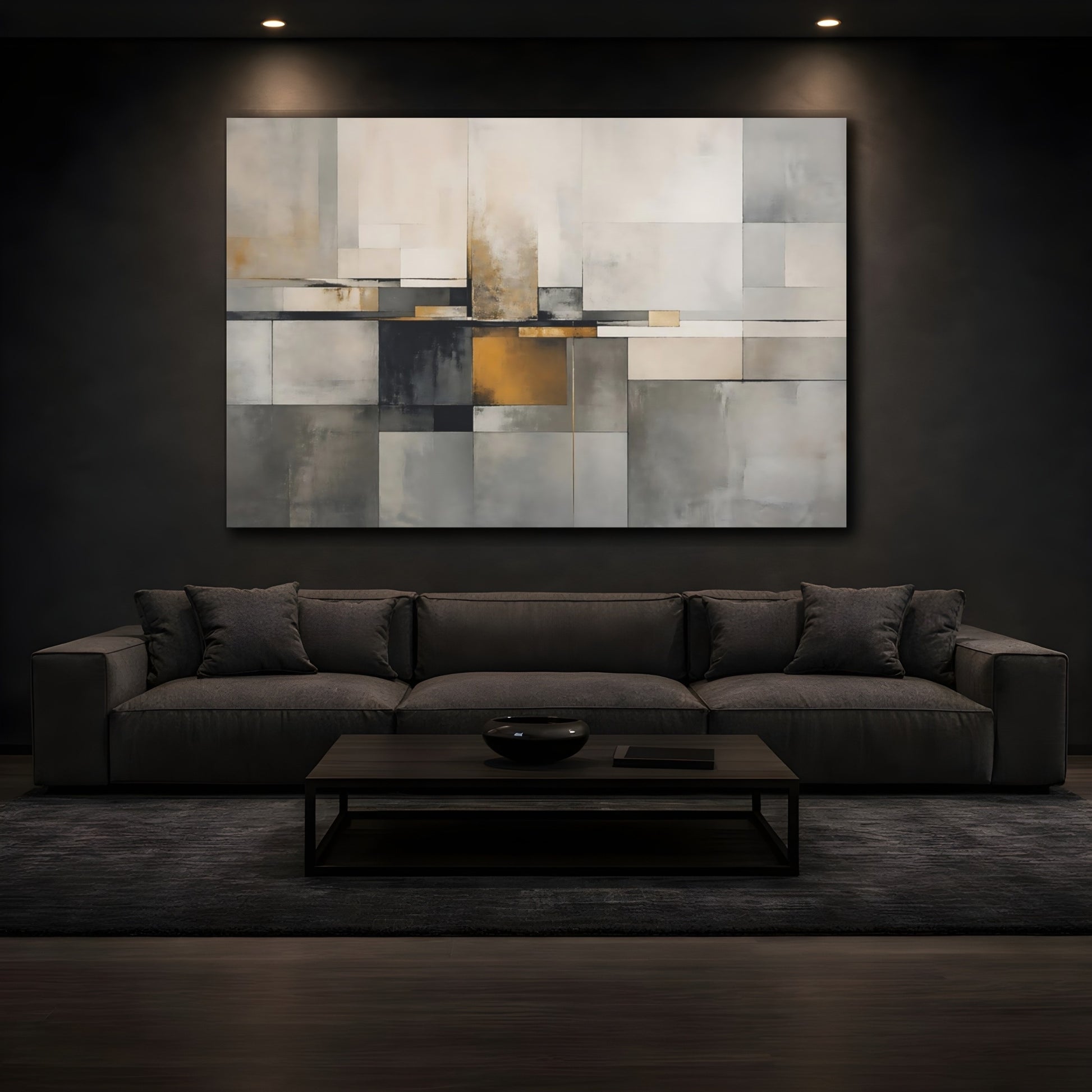 Mockup 3. Abstract Geometric Blocks Grey And Gold shown as stretched canvas wall art
