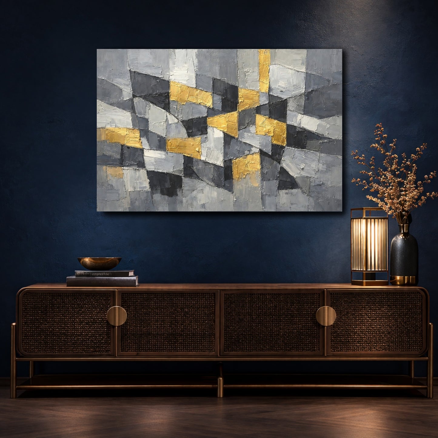 Mockup 4. Abstract Geometric Blocks Grey And Gold shown as stretched canvas wall art