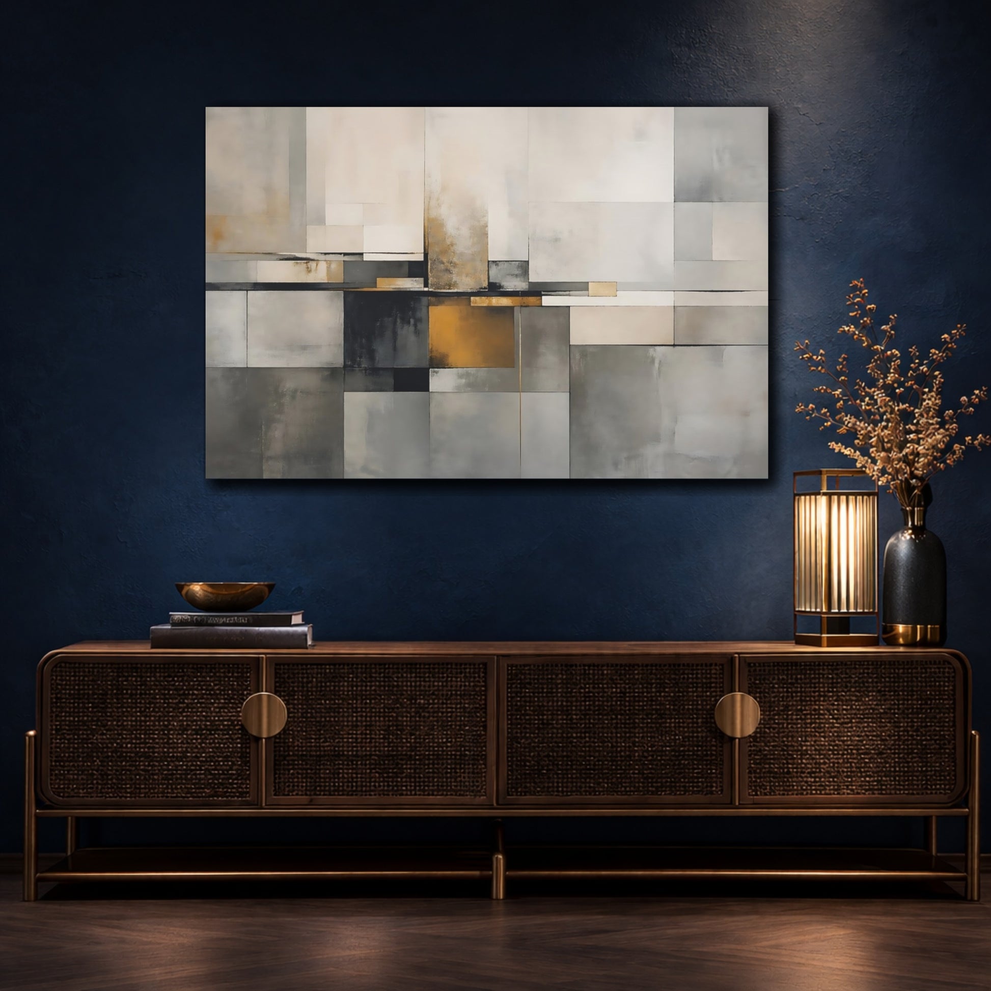 Mockup 4. Abstract Geometric Blocks Grey And Gold shown as stretched canvas wall art