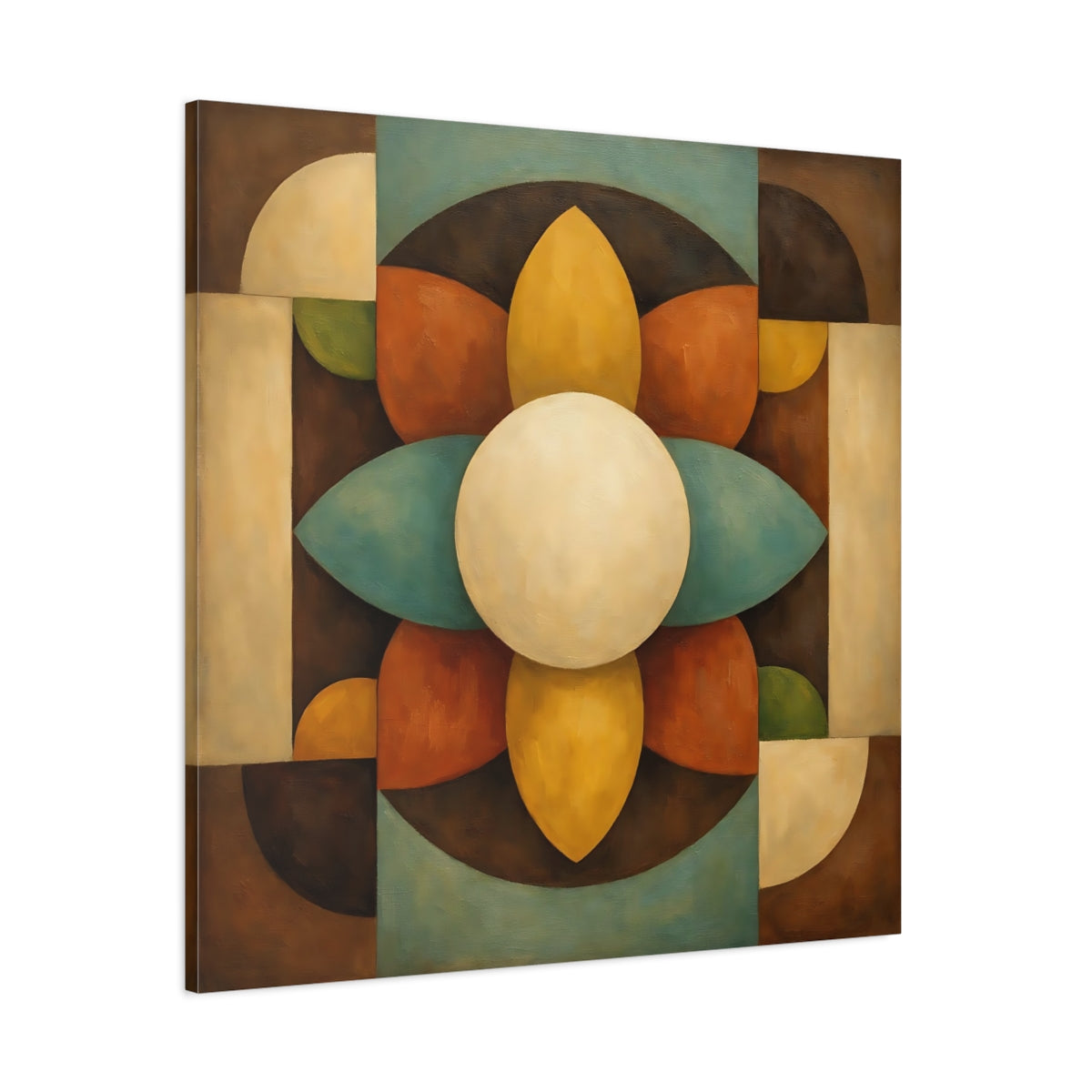 Main Mockup. Abstract Geometric Bloom Brown Teal Abstract shown as stretched canvas wall art