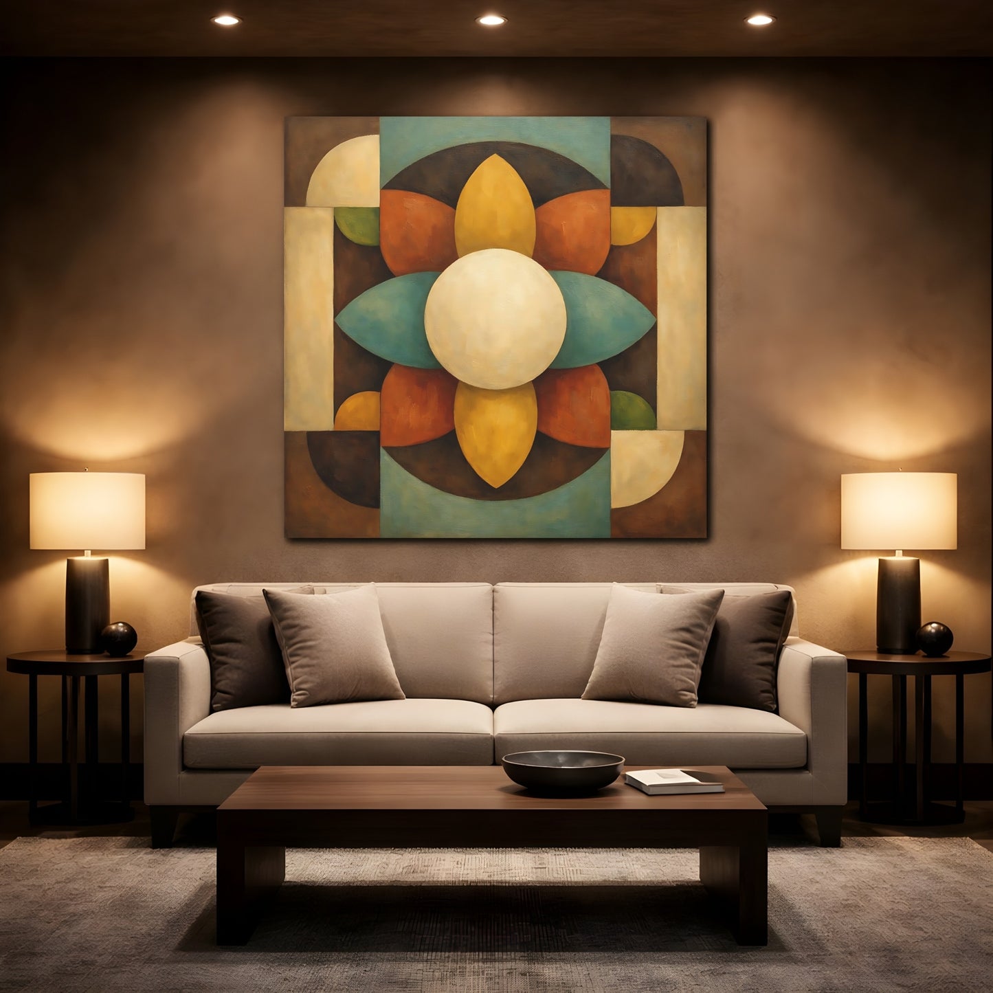 Mockup 2. Abstract Geometric Bloom Brown Teal Abstract shown as stretched canvas wall art
