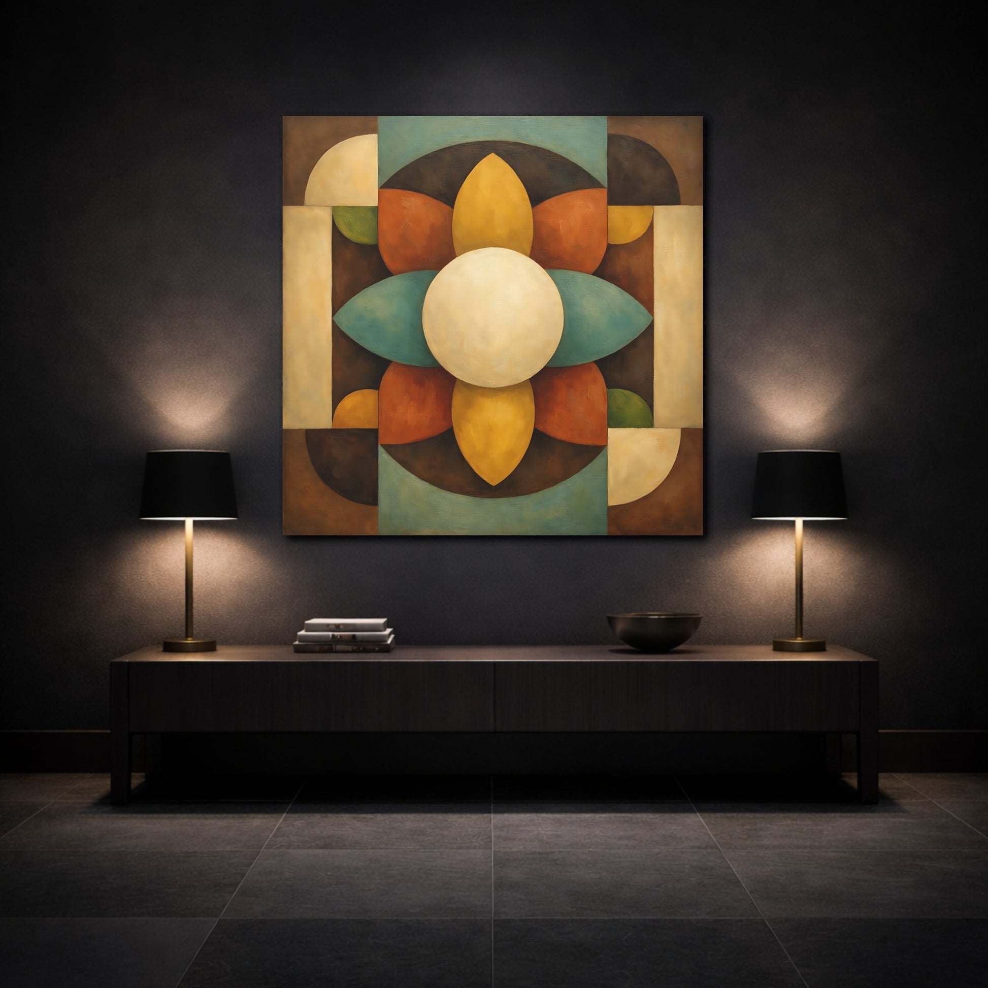 Mockup 3. Abstract Geometric Bloom Brown Teal Abstract shown as stretched canvas wall art