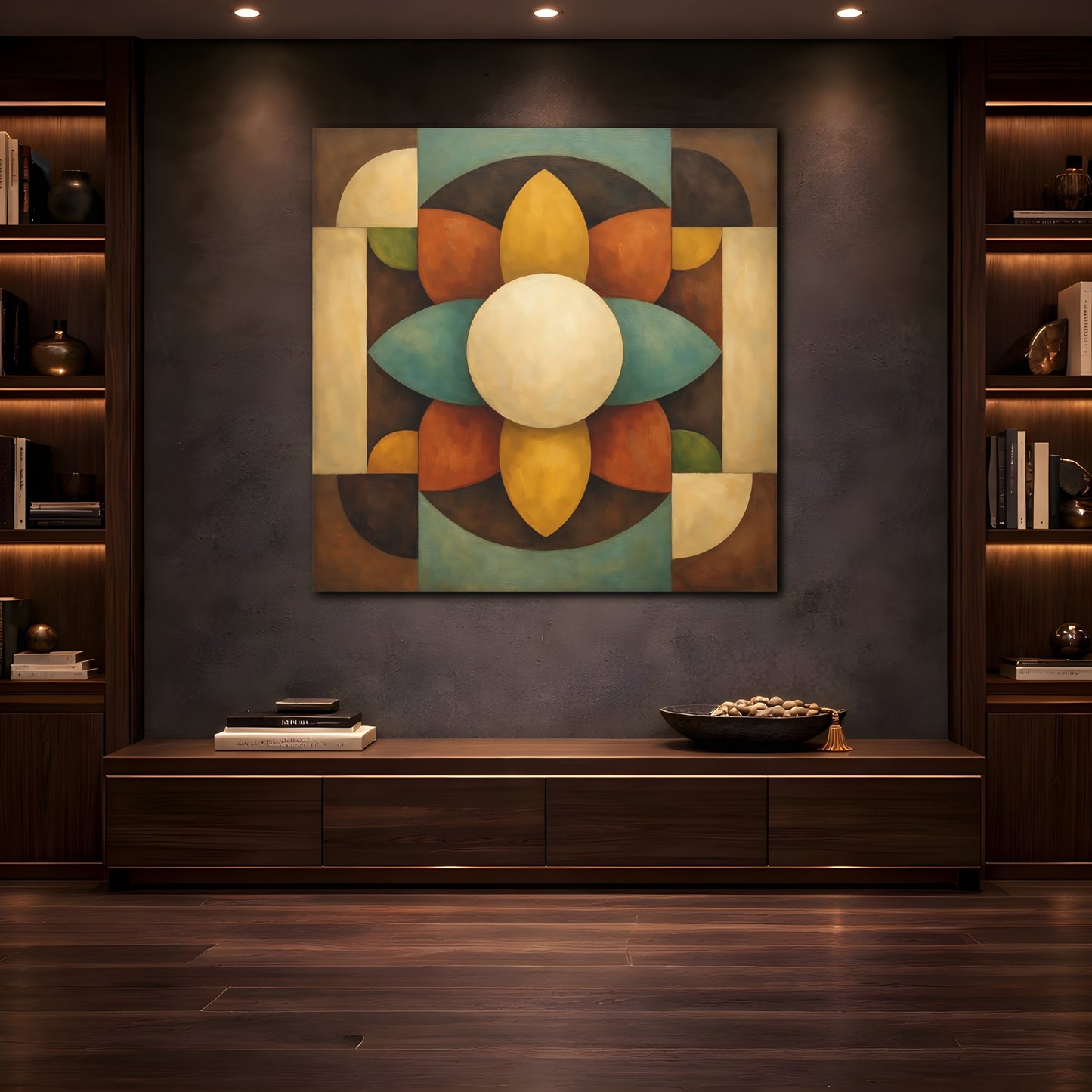 Mockup 4. Abstract Geometric Bloom Brown Teal Abstract shown as stretched canvas wall art