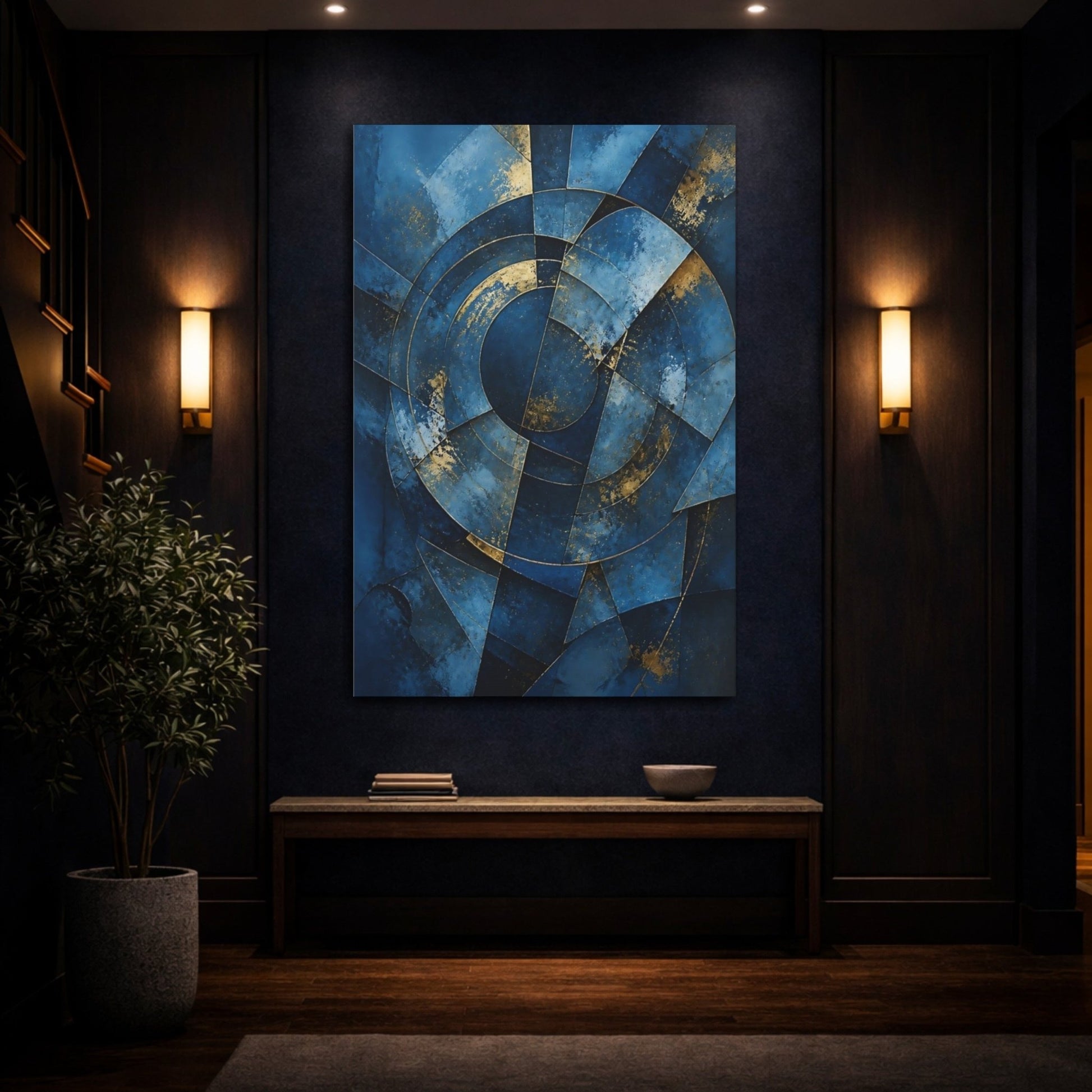 Abstract Geometric Blue And Gold Canvas Print – Modern Decor for Living Room, Above Couch - YesArtYes