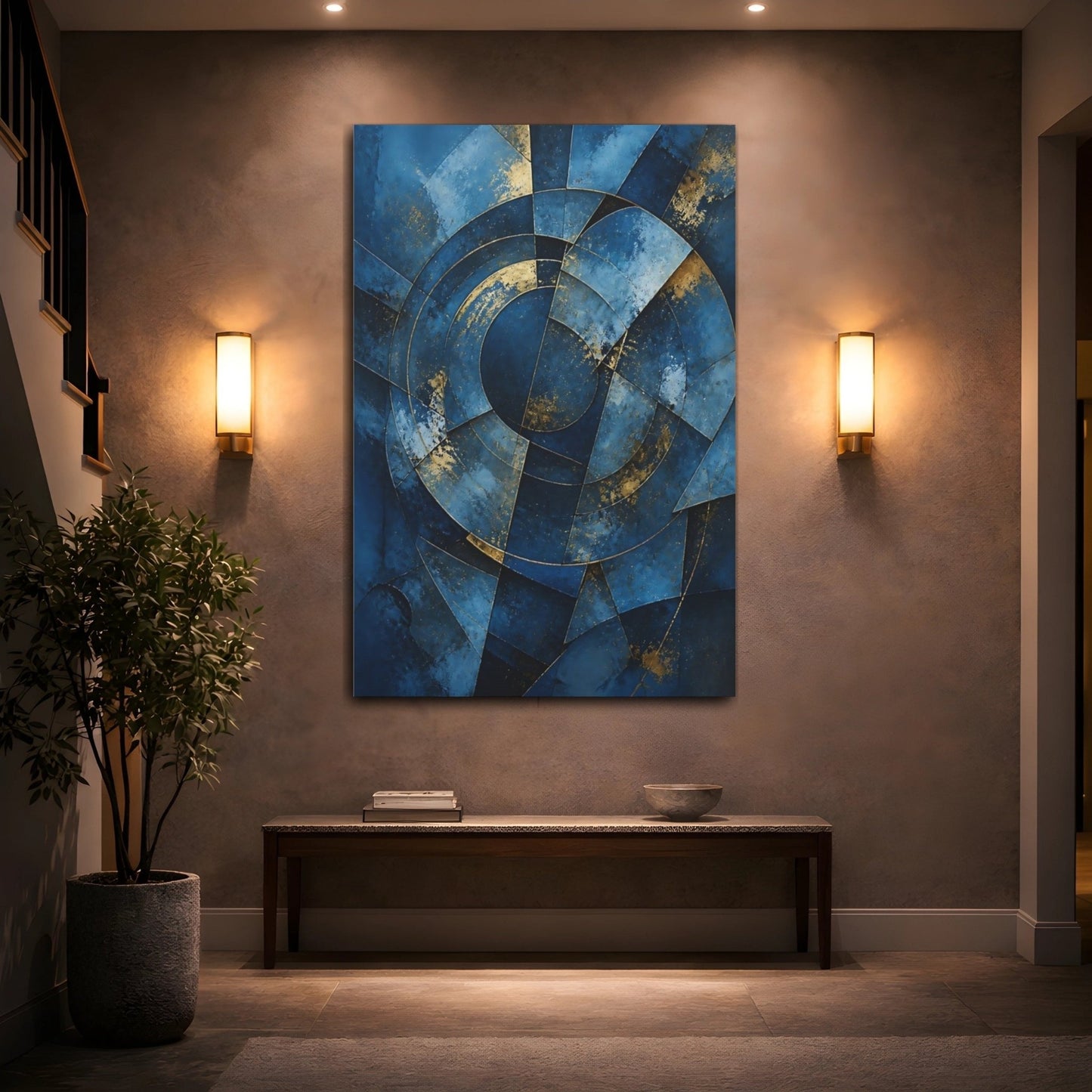 Abstract Geometric Blue And Gold Canvas Print – Modern Decor for Living Room, Above Couch - YesArtYes