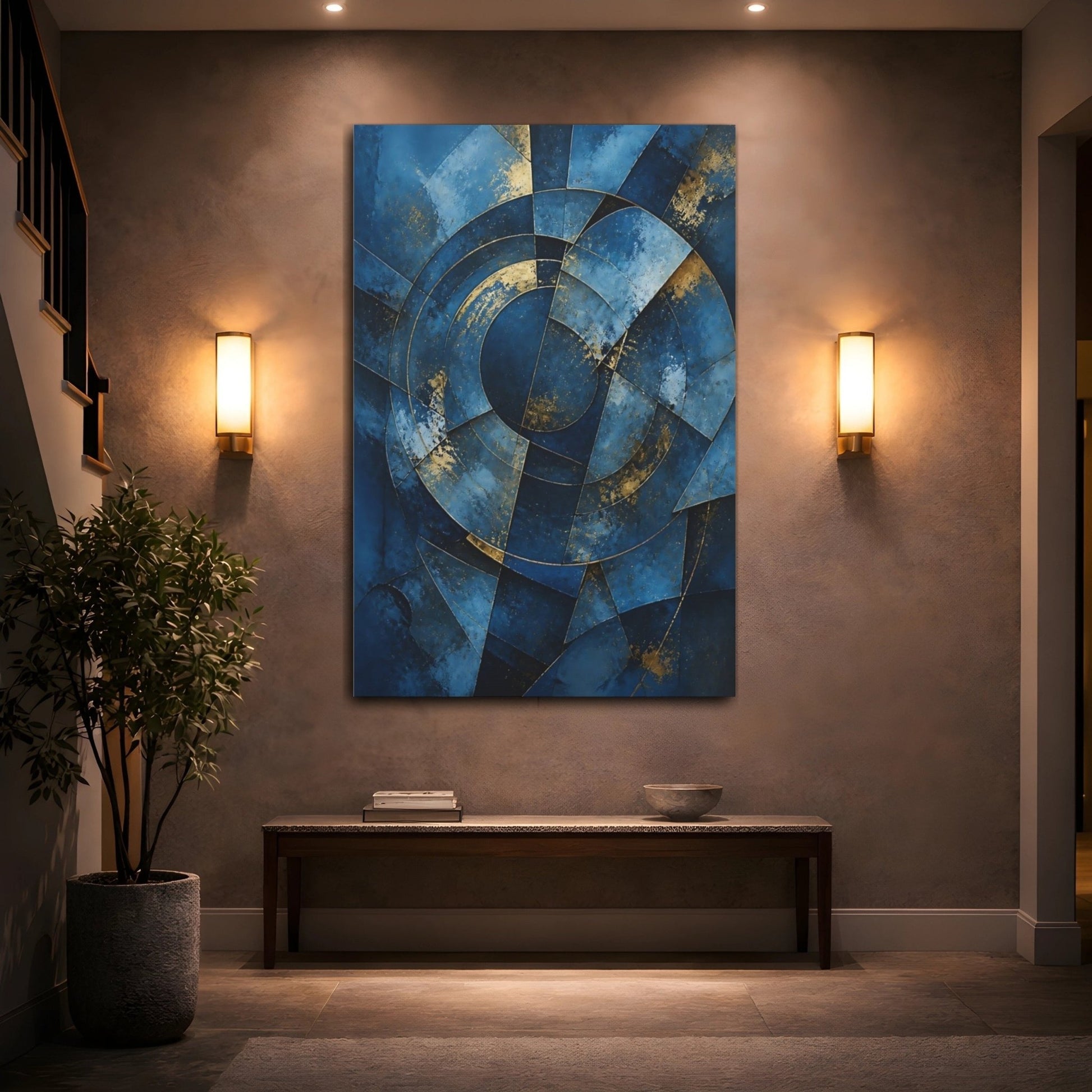 Abstract Geometric Blue And Gold Canvas Print – Modern Decor for Living Room, Above Couch - YesArtYes