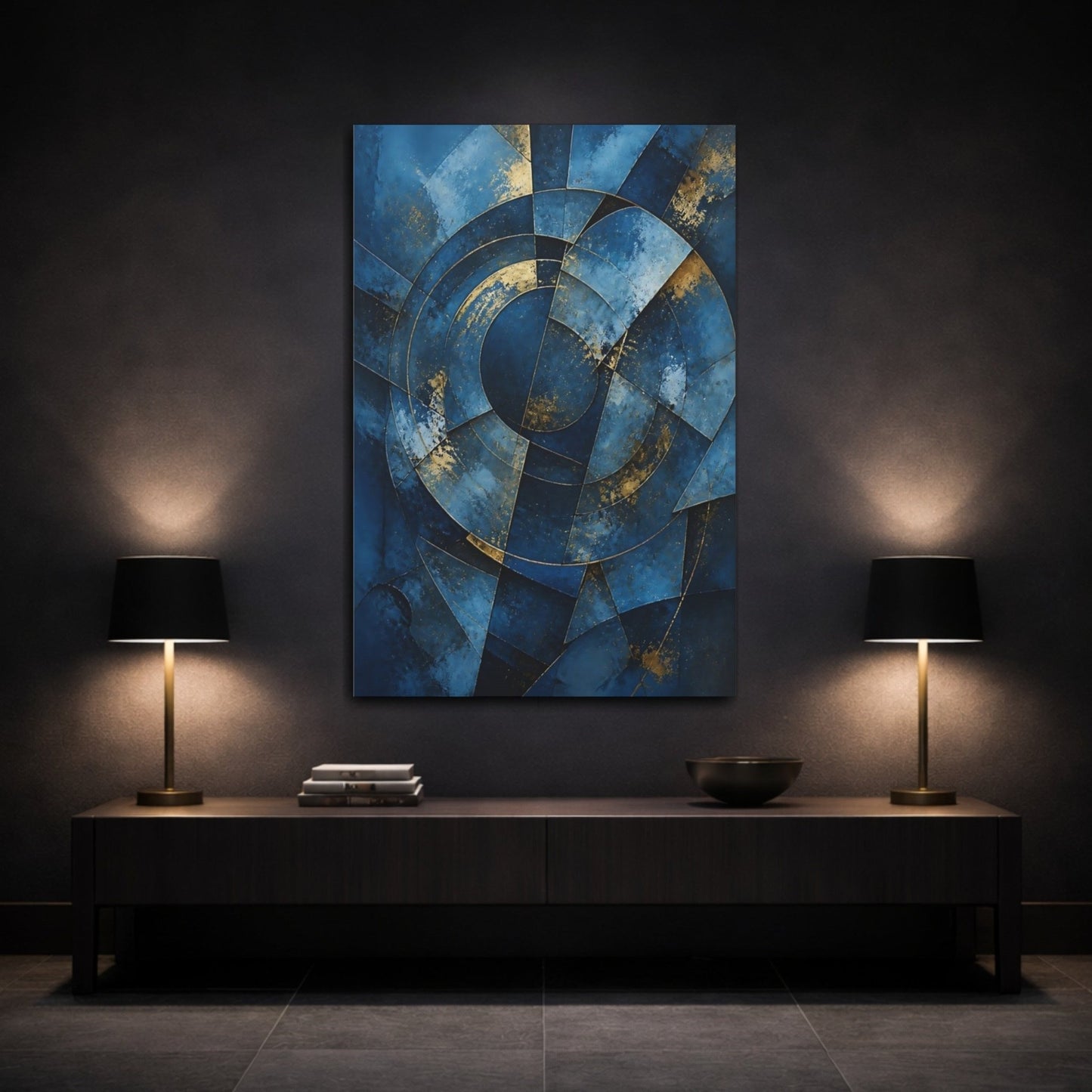 Abstract Geometric Blue And Gold Canvas Print – Modern Decor for Living Room, Above Couch - YesArtYes
