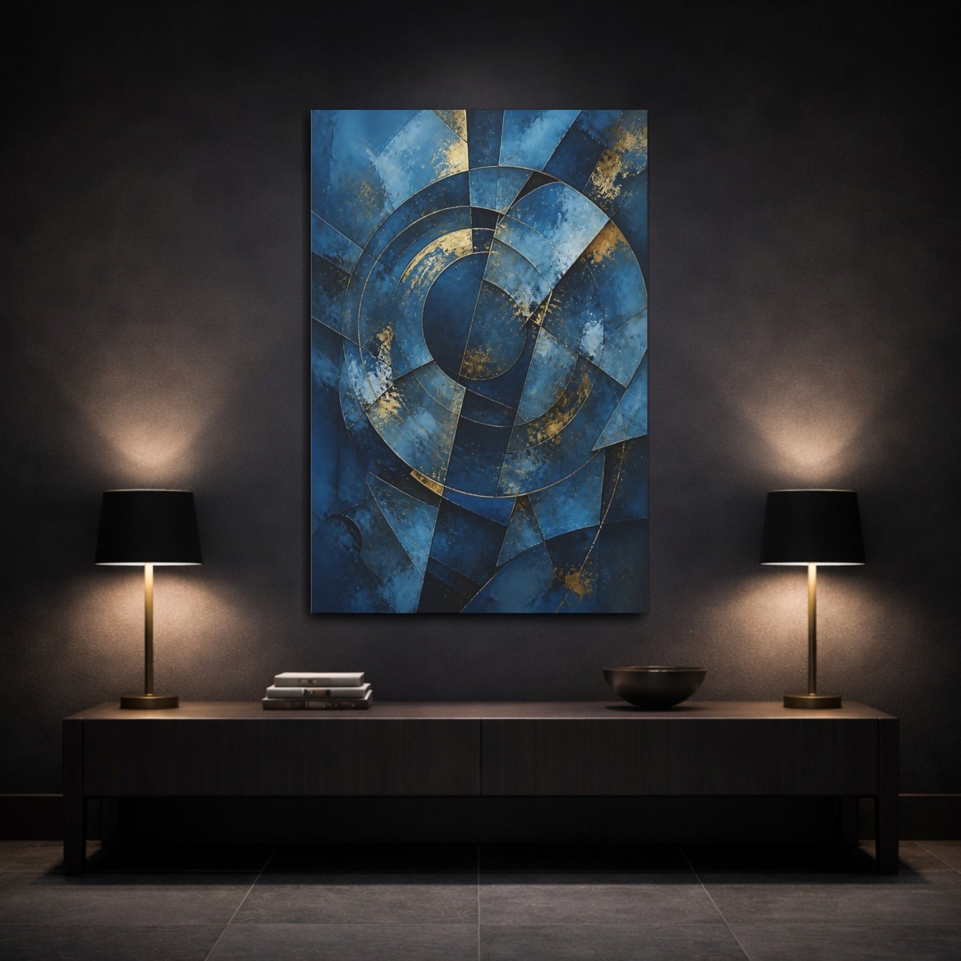 Abstract Geometric Blue And Gold Canvas Print – Modern Decor for Living Room, Above Couch - YesArtYes