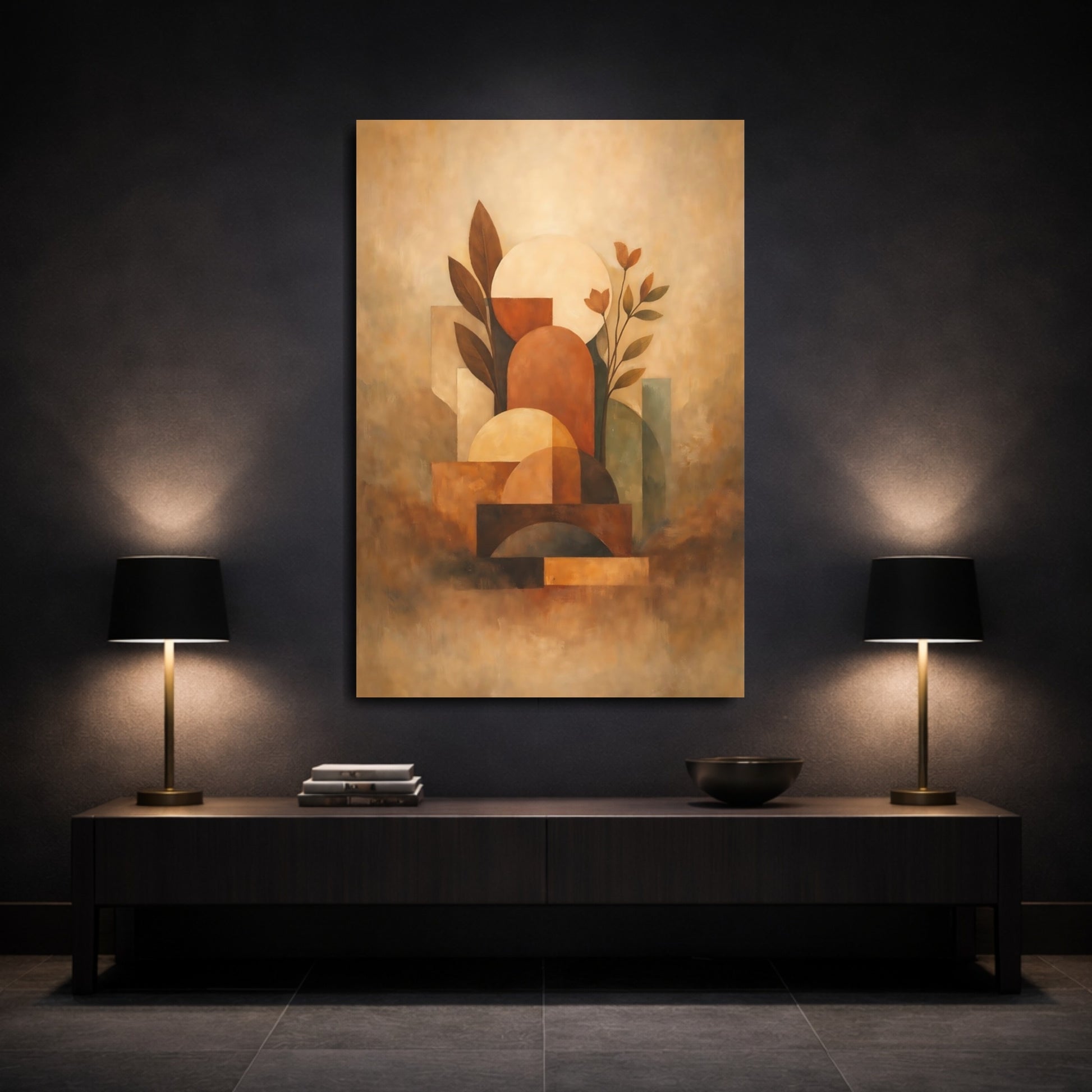 Mockup 2. Abstract Geometric Botanicals Terracotta Abstract Art shown as stretched canvas wall art