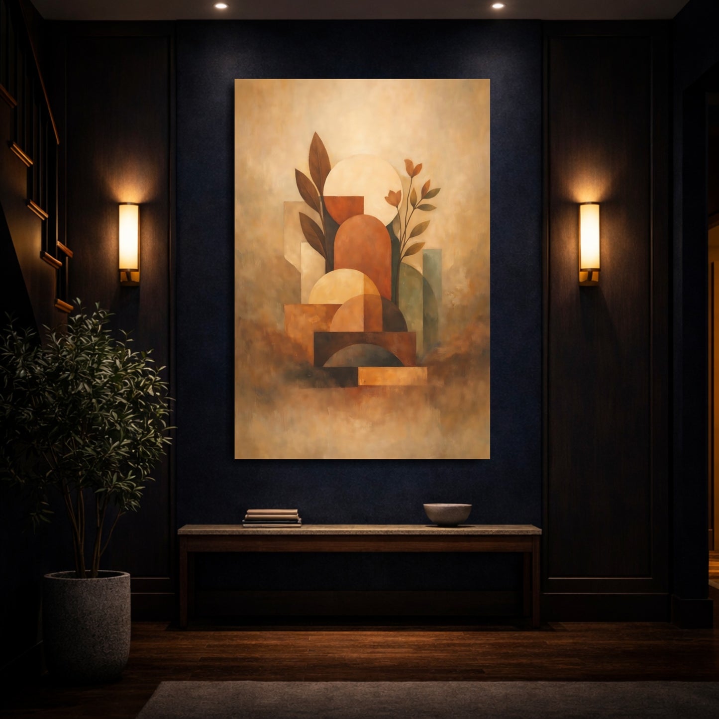 Mockup 3. Abstract Geometric Botanicals Terracotta Abstract Art shown as stretched canvas wall art