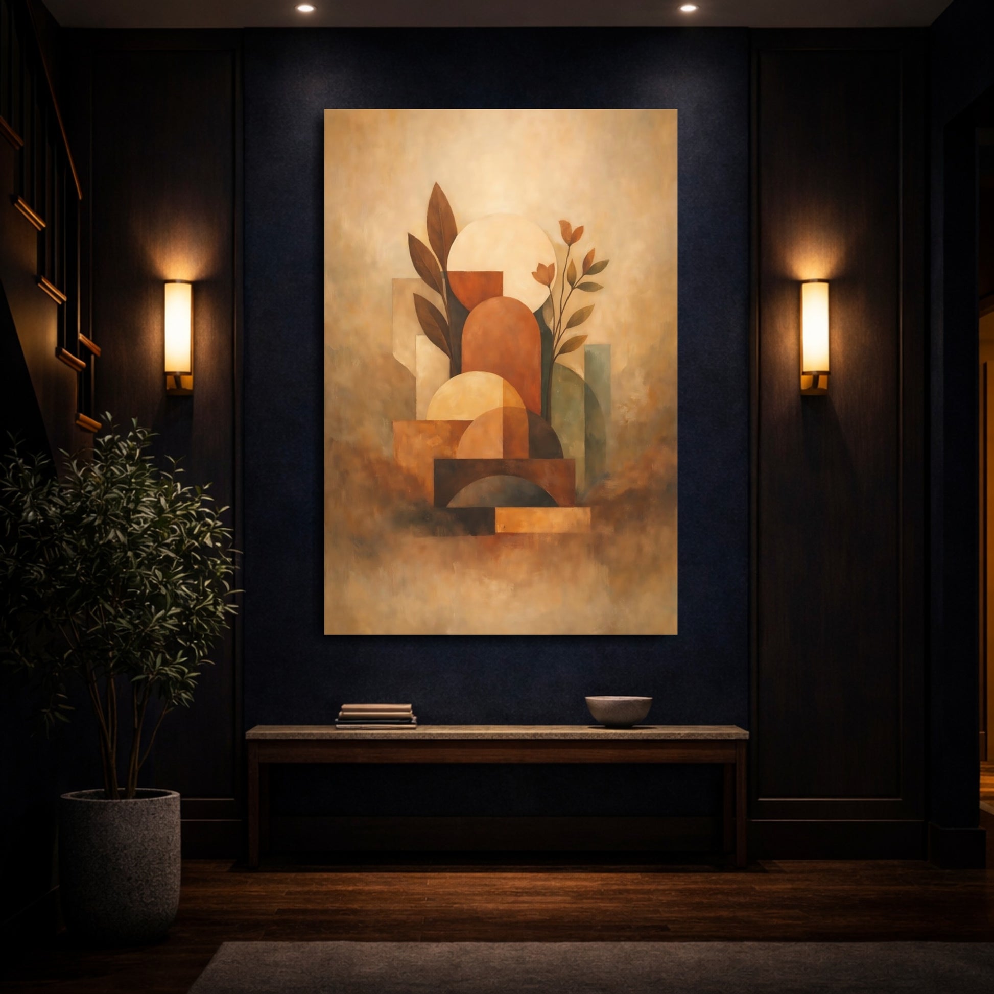 Mockup 3. Abstract Geometric Botanicals Terracotta Abstract Art shown as stretched canvas wall art