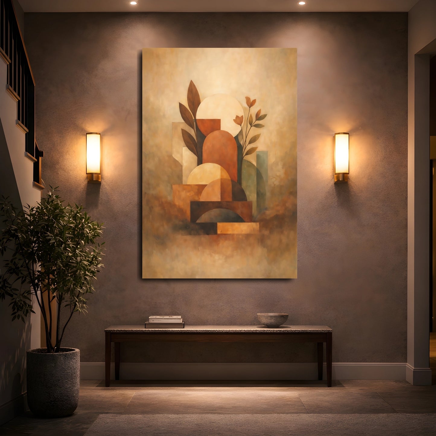 Mockup 4. Abstract Geometric Botanicals Terracotta Abstract Art shown as stretched canvas wall art