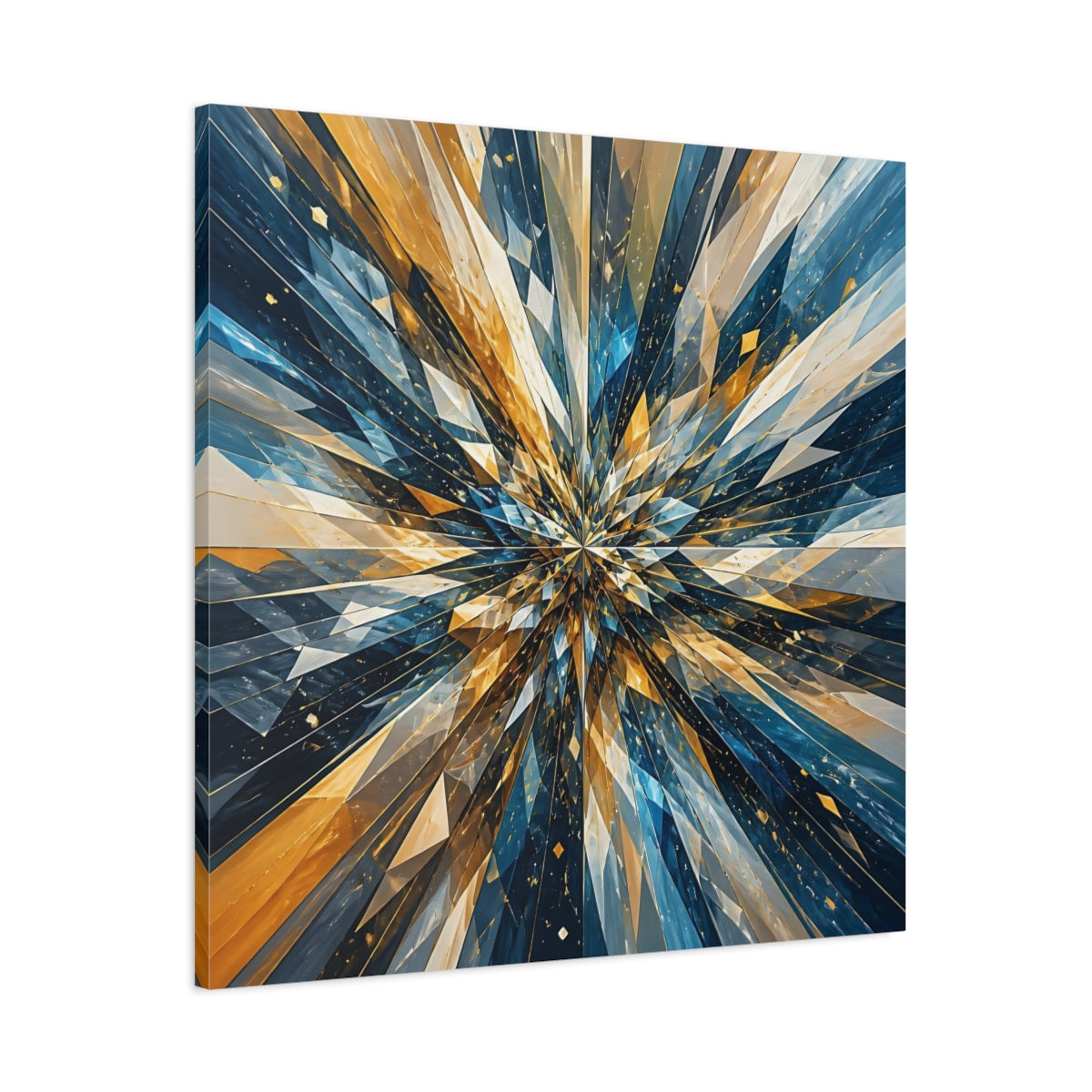 Main Mockup. Abstract Geometric Burst Blue Gold Abstract shown as stretched canvas wall art