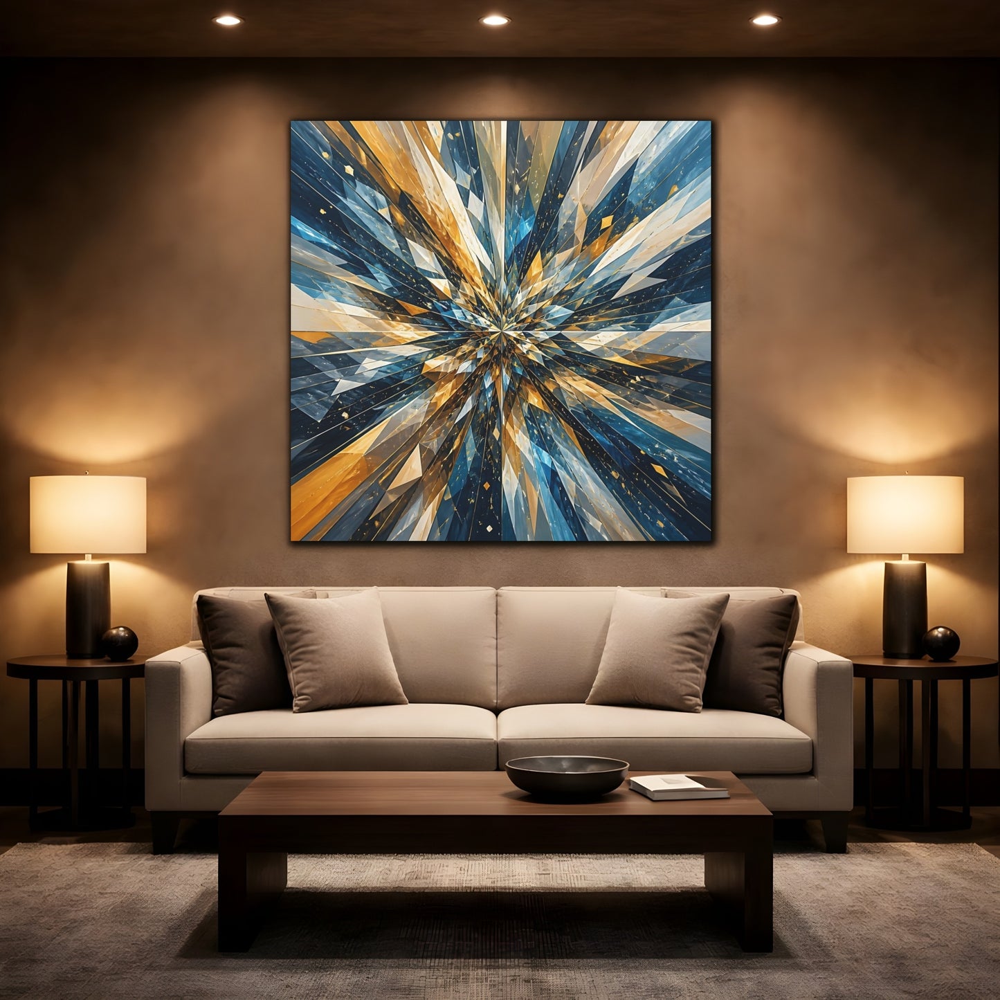 Mockup 2. Abstract Geometric Burst Blue Gold Abstract shown as stretched canvas wall art