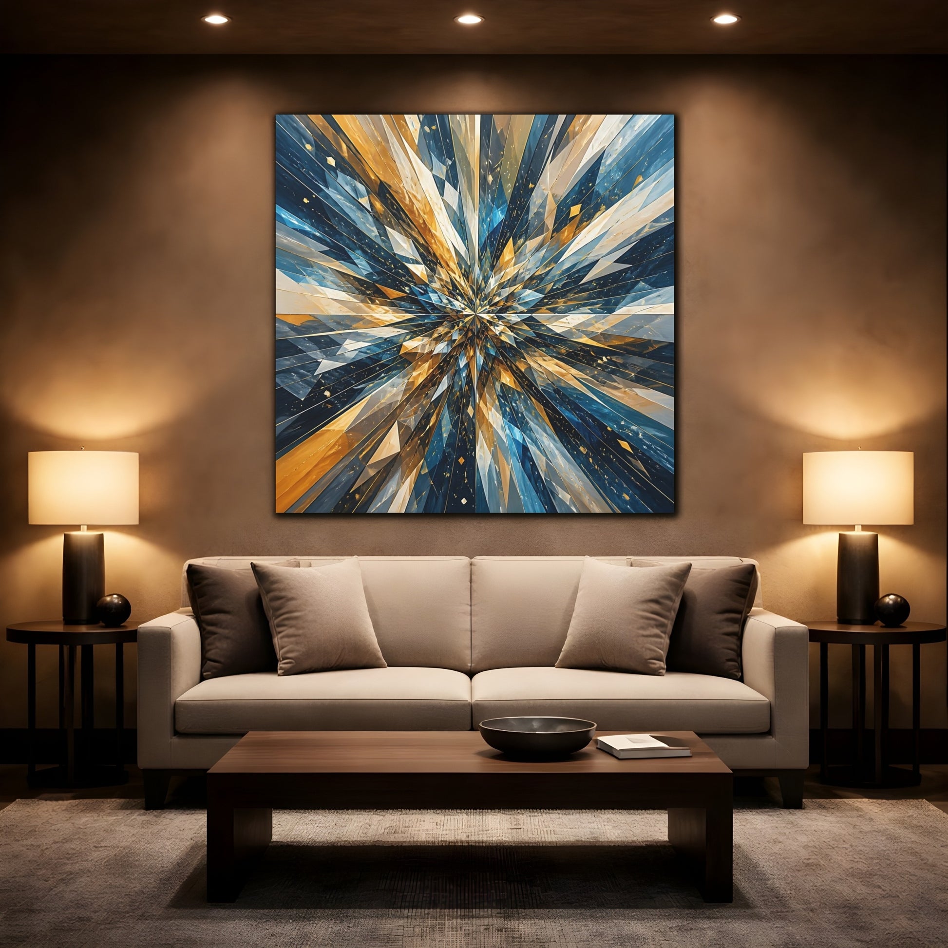 Mockup 2. Abstract Geometric Burst Blue Gold Abstract shown as stretched canvas wall art