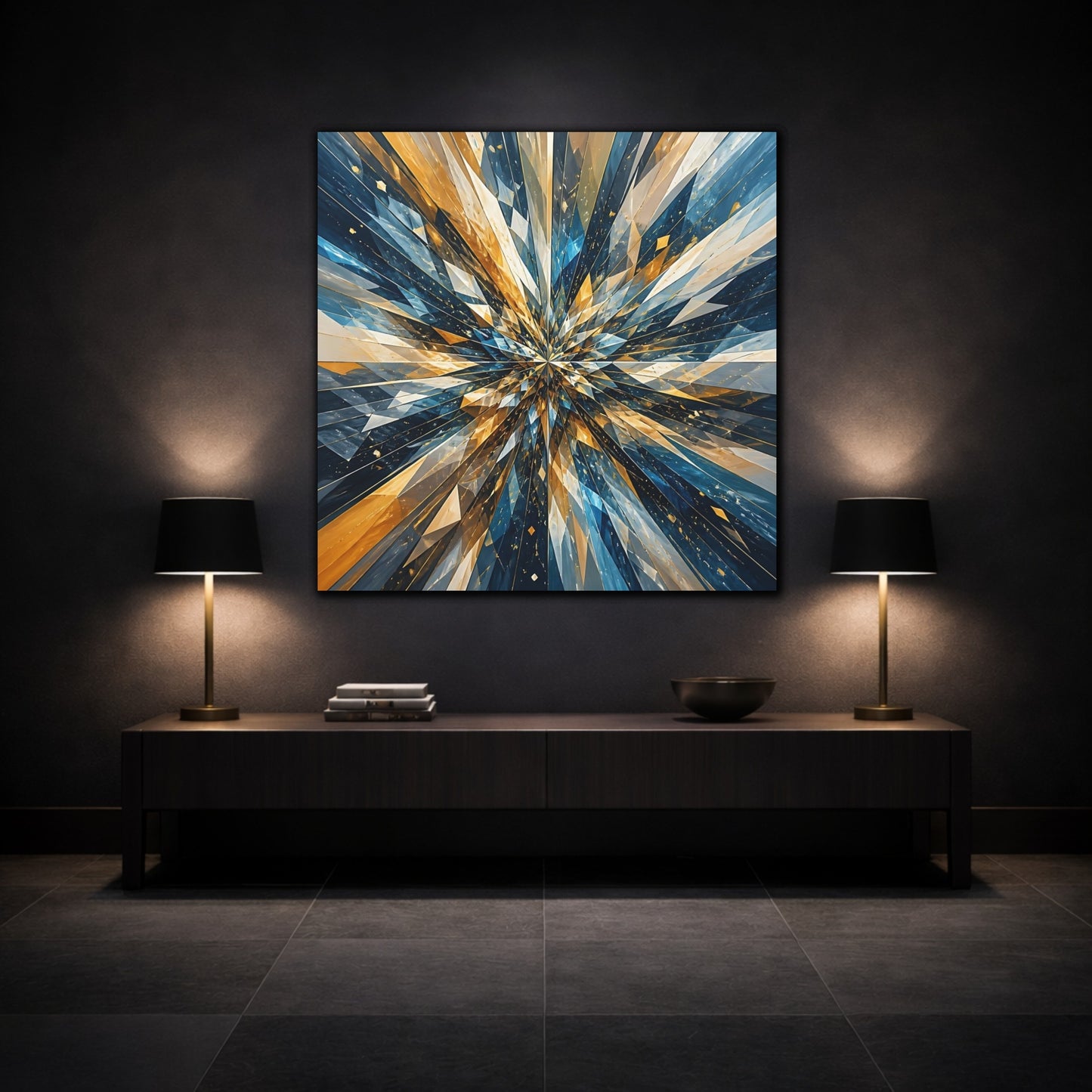 Mockup 3. Abstract Geometric Burst Blue Gold Abstract shown as stretched canvas wall art