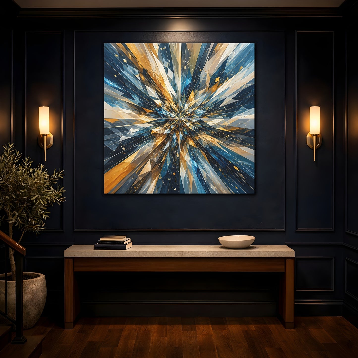 Mockup 4. Abstract Geometric Burst Blue Gold Abstract shown as stretched canvas wall art