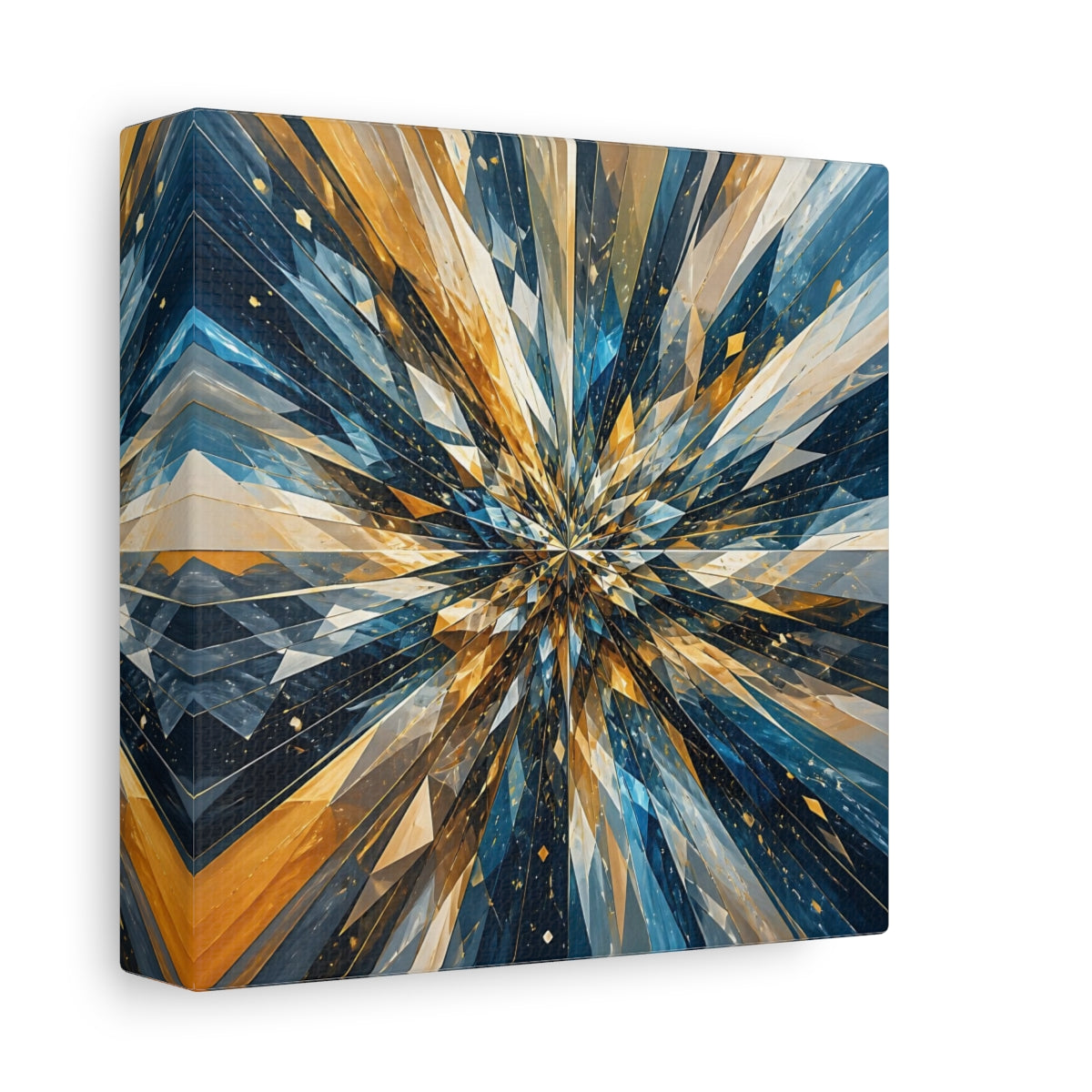 Side Mockup 2. Abstract Geometric Burst Blue Gold Abstract shown as stretched canvas wall art