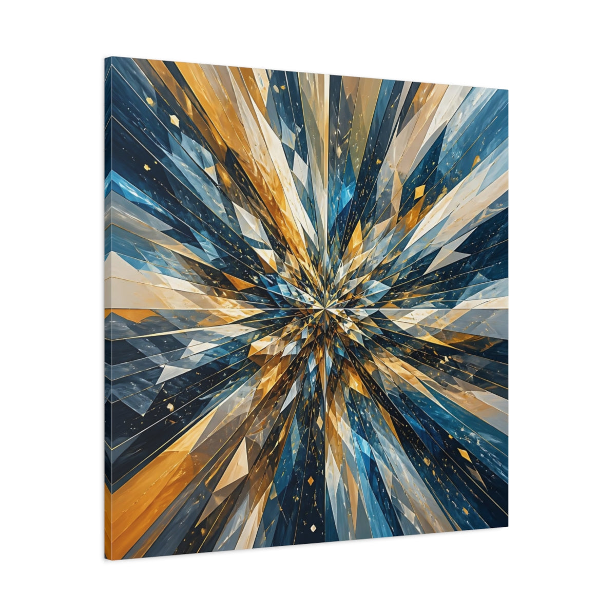 Side Mockup 1. Abstract Geometric Burst Blue Gold Abstract shown as stretched canvas wall art