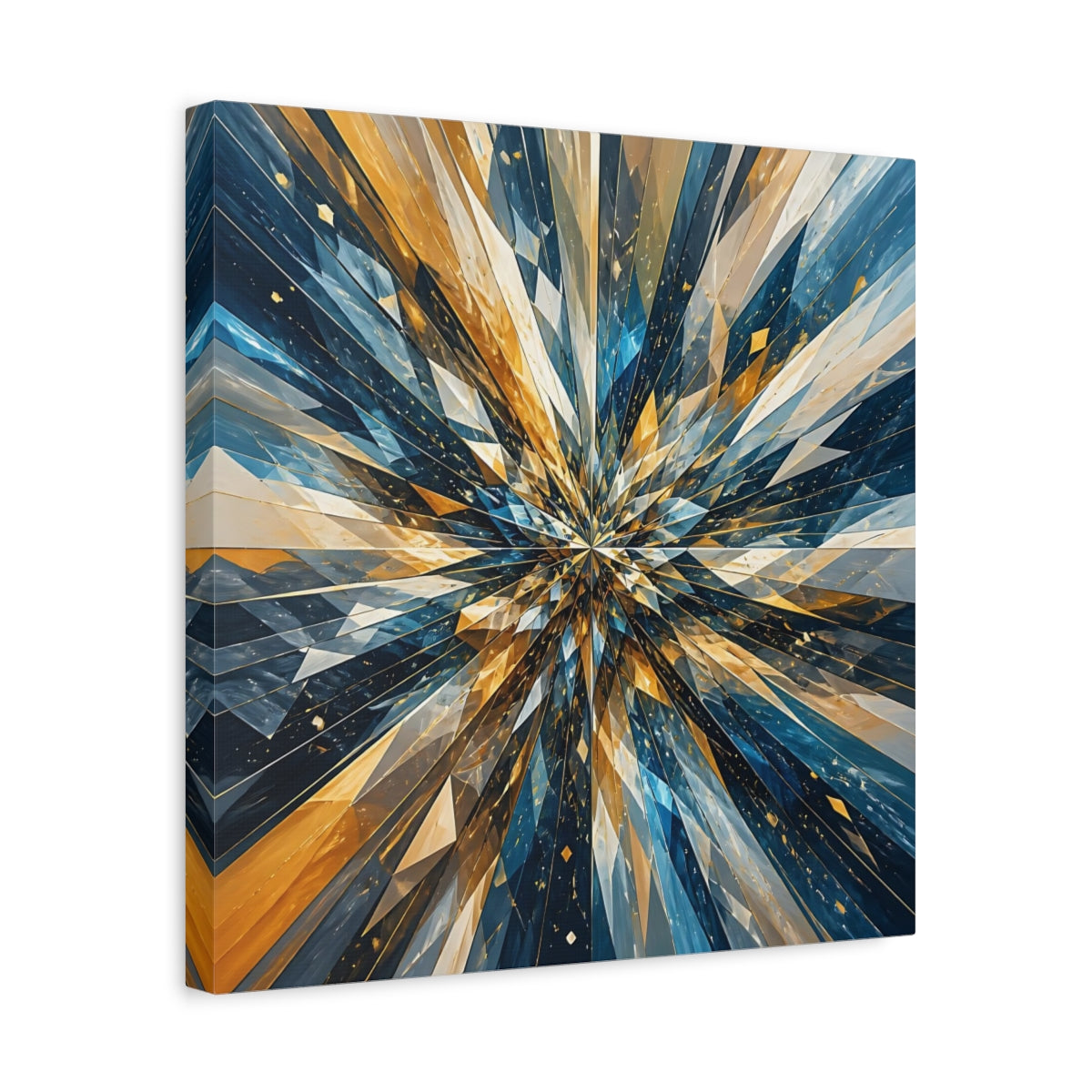 Side Mockup 6. Abstract Geometric Burst Blue Gold Abstract shown as stretched canvas wall art