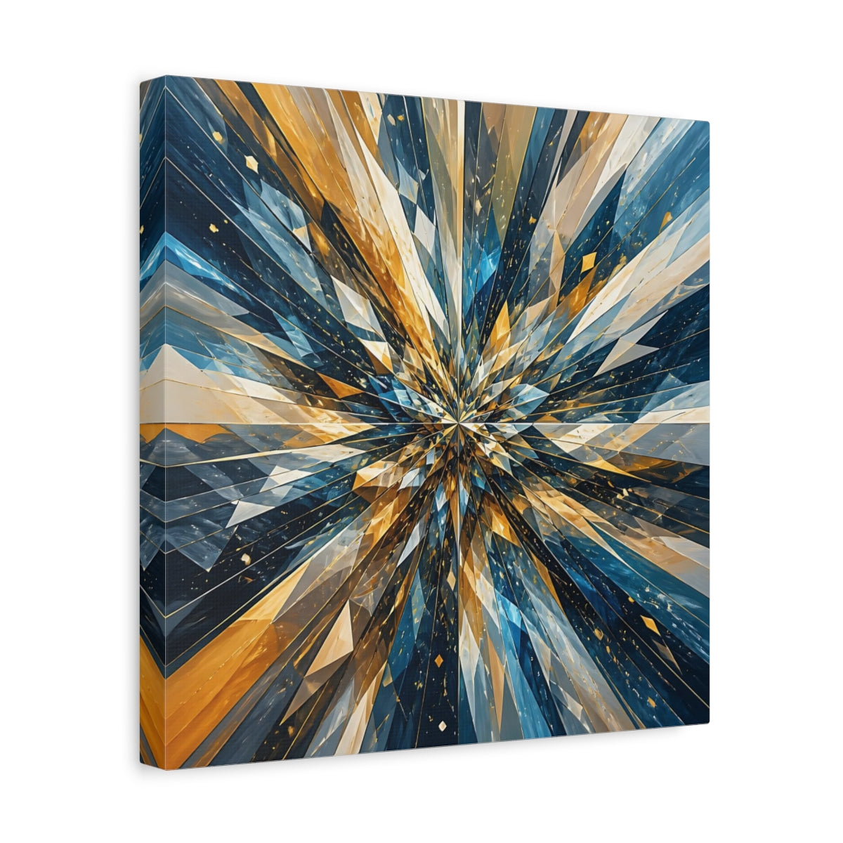 Side Mockup 7. Abstract Geometric Burst Blue Gold Abstract shown as stretched canvas wall art