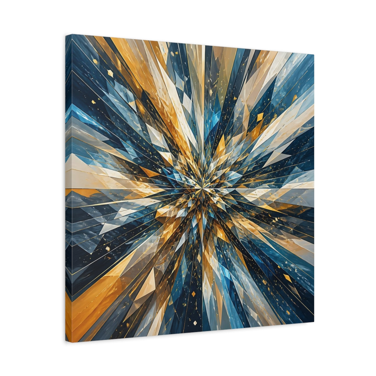 Side Mockup 4. Abstract Geometric Burst Blue Gold Abstract shown as stretched canvas wall art
