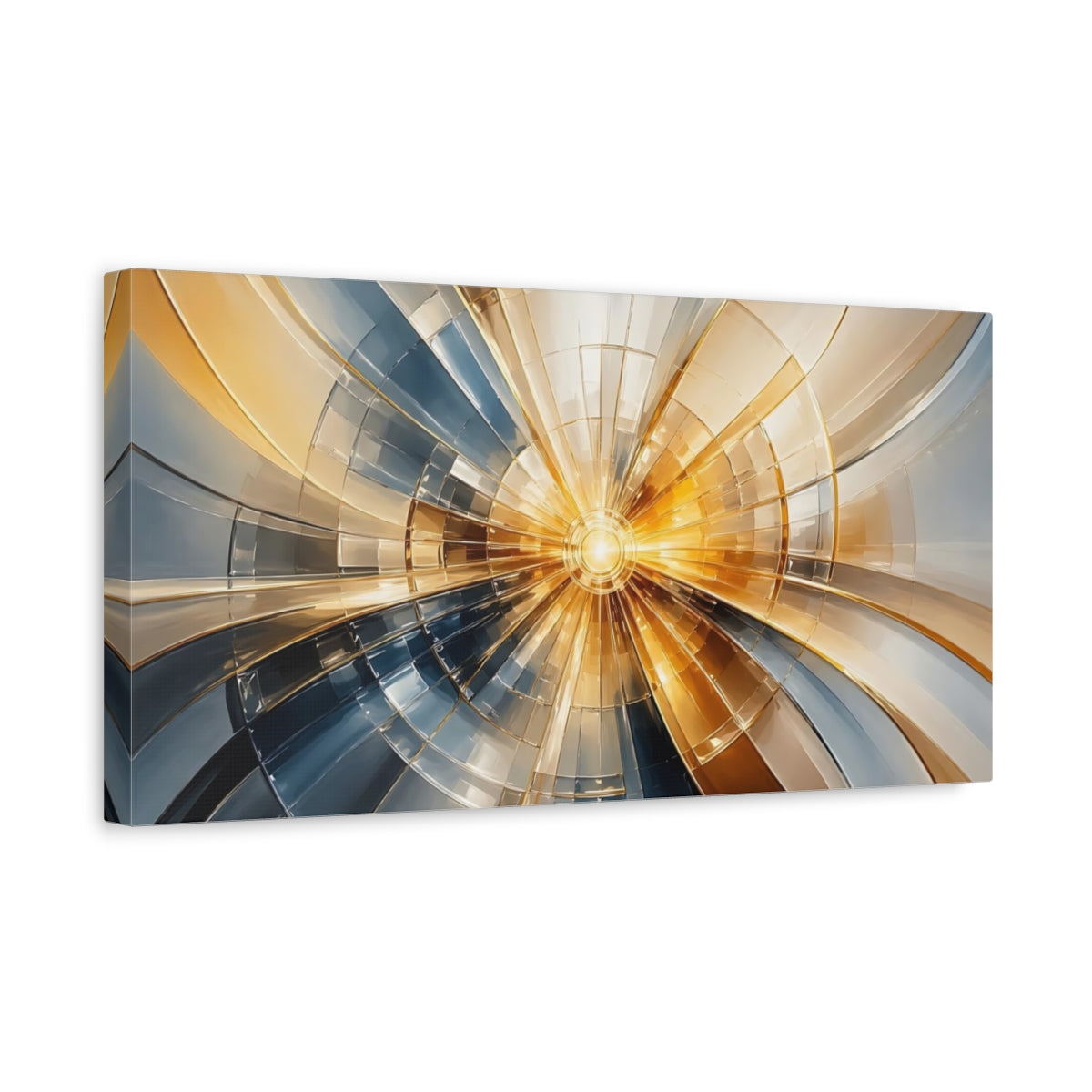Side Mockup 3. Abstract Geometric Burst Gold And Blue shown as stretched canvas wall art