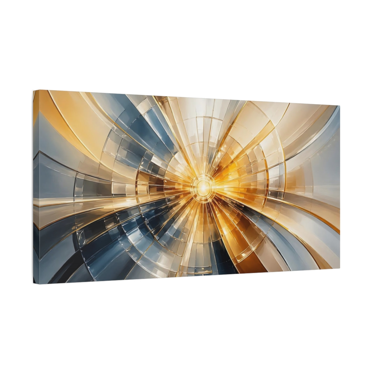 Side Mockup 1. Abstract Geometric Burst Gold And Blue shown as stretched canvas wall art