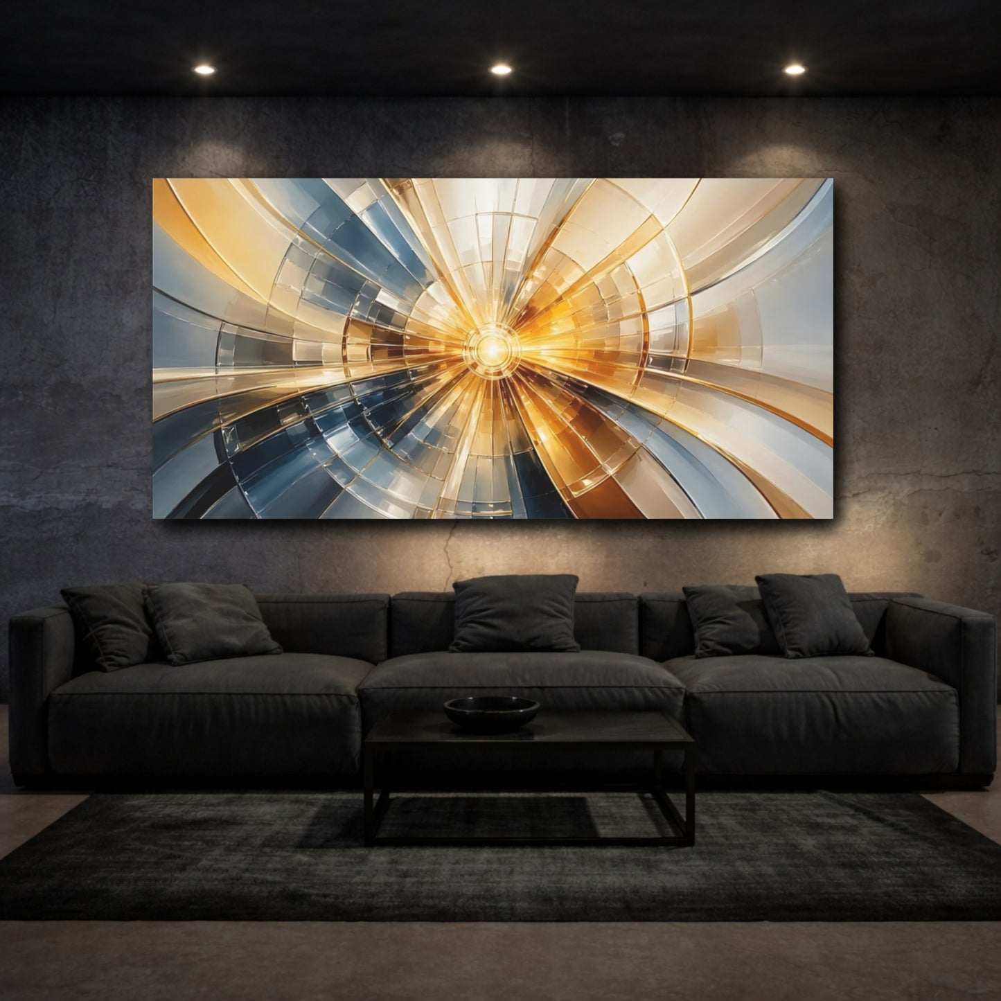 Mockup 2. Abstract Geometric Burst Gold And Blue shown as stretched canvas wall art