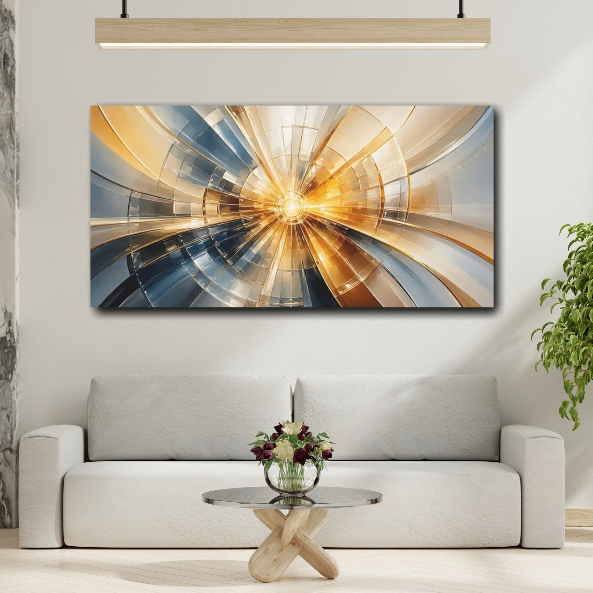 Mockup 3. Abstract Geometric Burst Gold And Blue shown as stretched canvas wall art