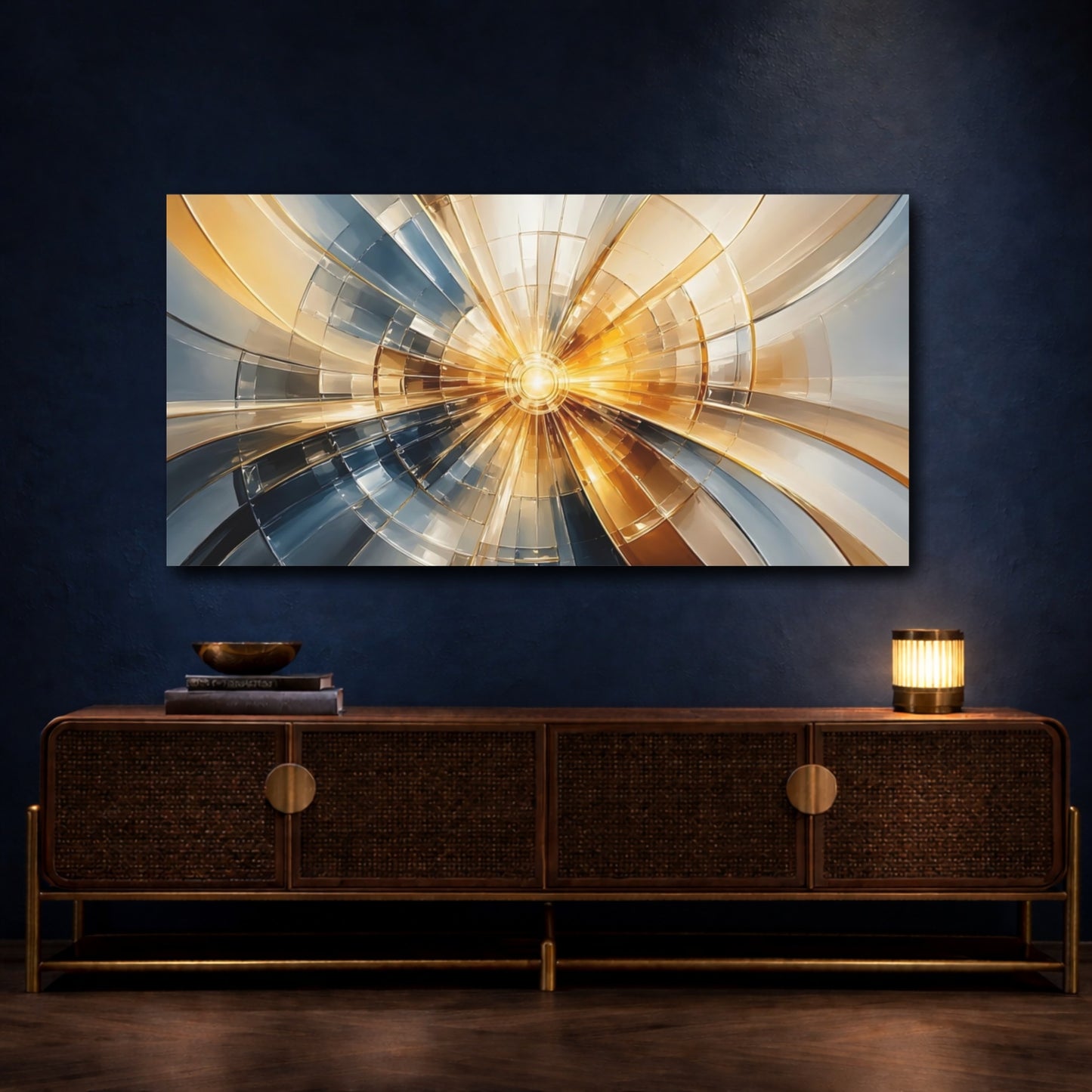 Mockup 4. Abstract Geometric Burst Gold And Blue shown as stretched canvas wall art