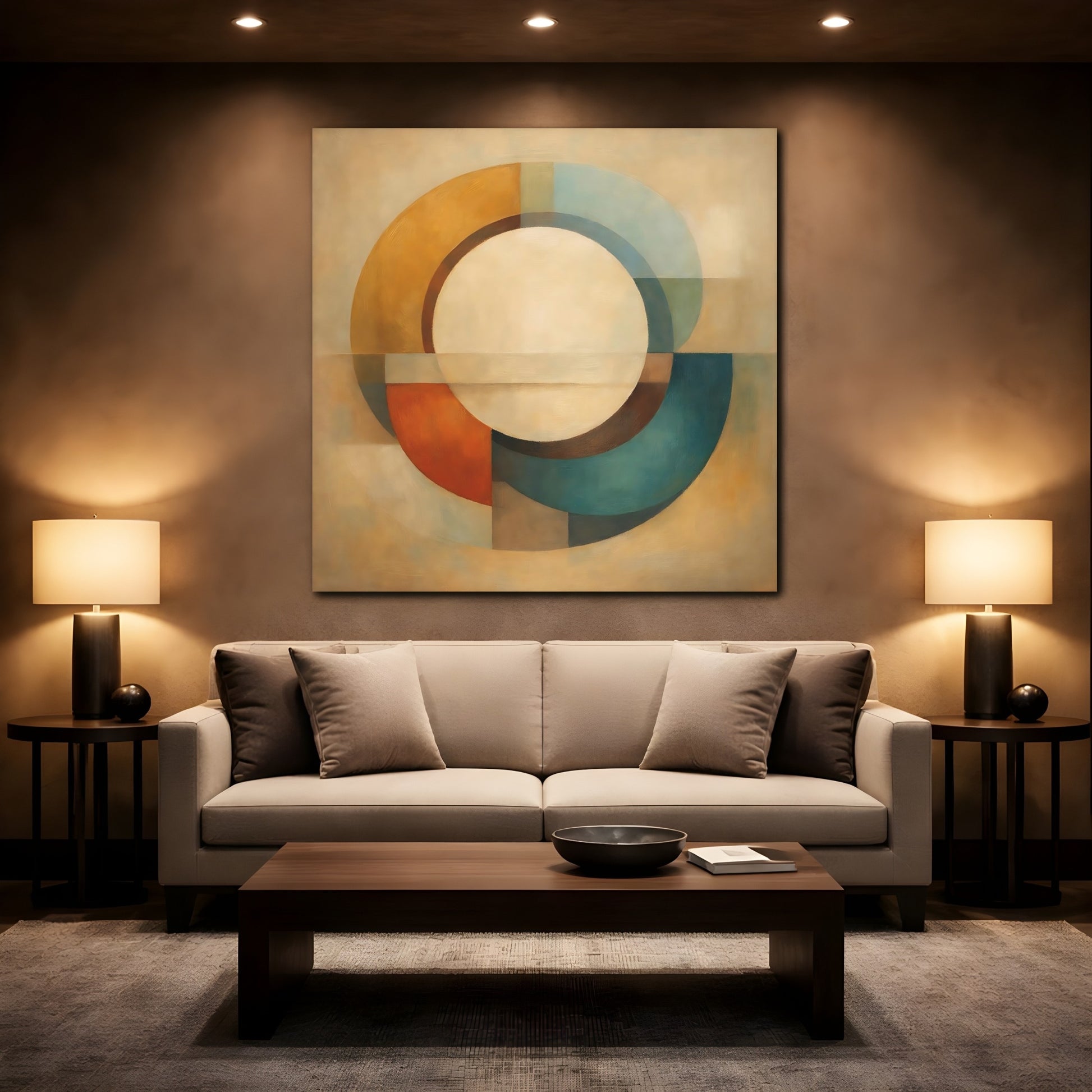 Mockup 2. Abstract Geometric Circle Earthy Geometric shown as stretched canvas wall art