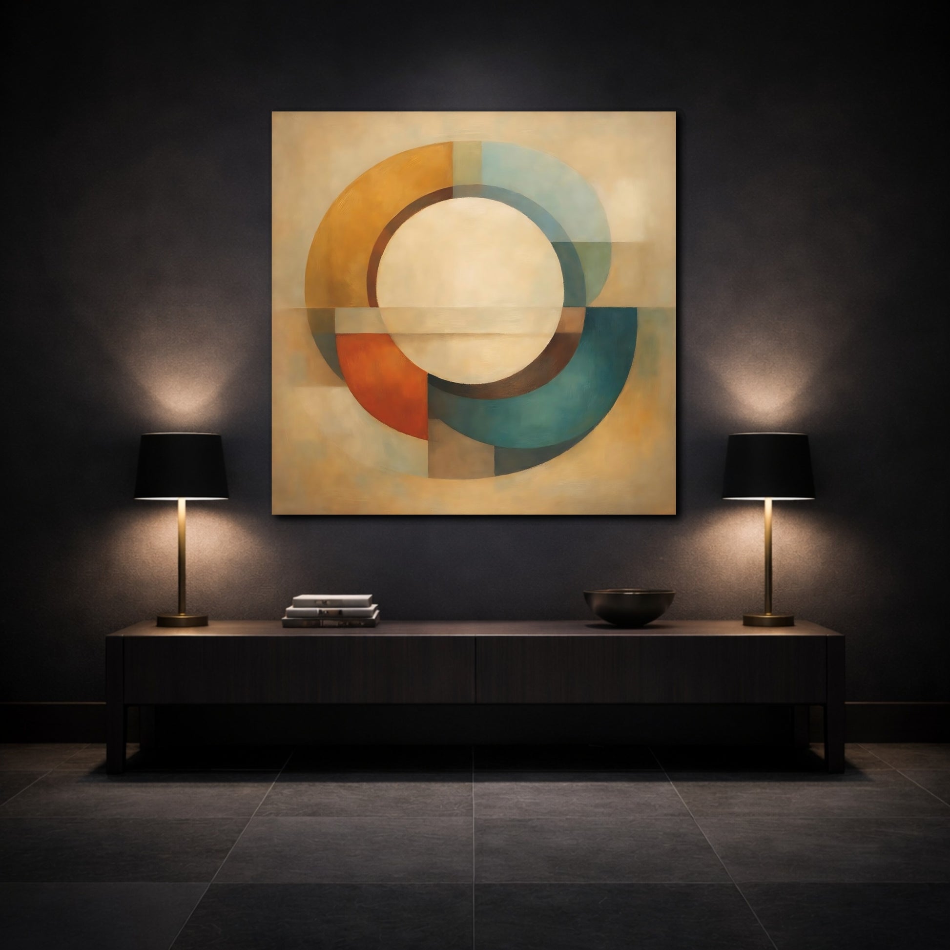 Mockup 3. Abstract Geometric Circle Earthy Geometric shown as stretched canvas wall art